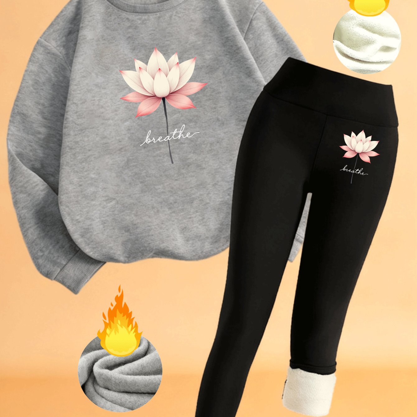 TEMU Women's Casual Sportswear 2pcs Set: Crew Neck -lined Sweatshirt And Leggings With Lotus Print And "breathe" Text, Winter Warm Yoga And Fitness