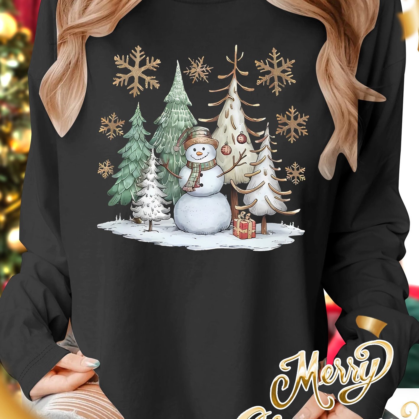 TEMU Christmas Series Snowman Standing In A Snowy Soft And Breathable Autumn/winter Plus Size Season Casual Sporty Style Round Neck Women's Long