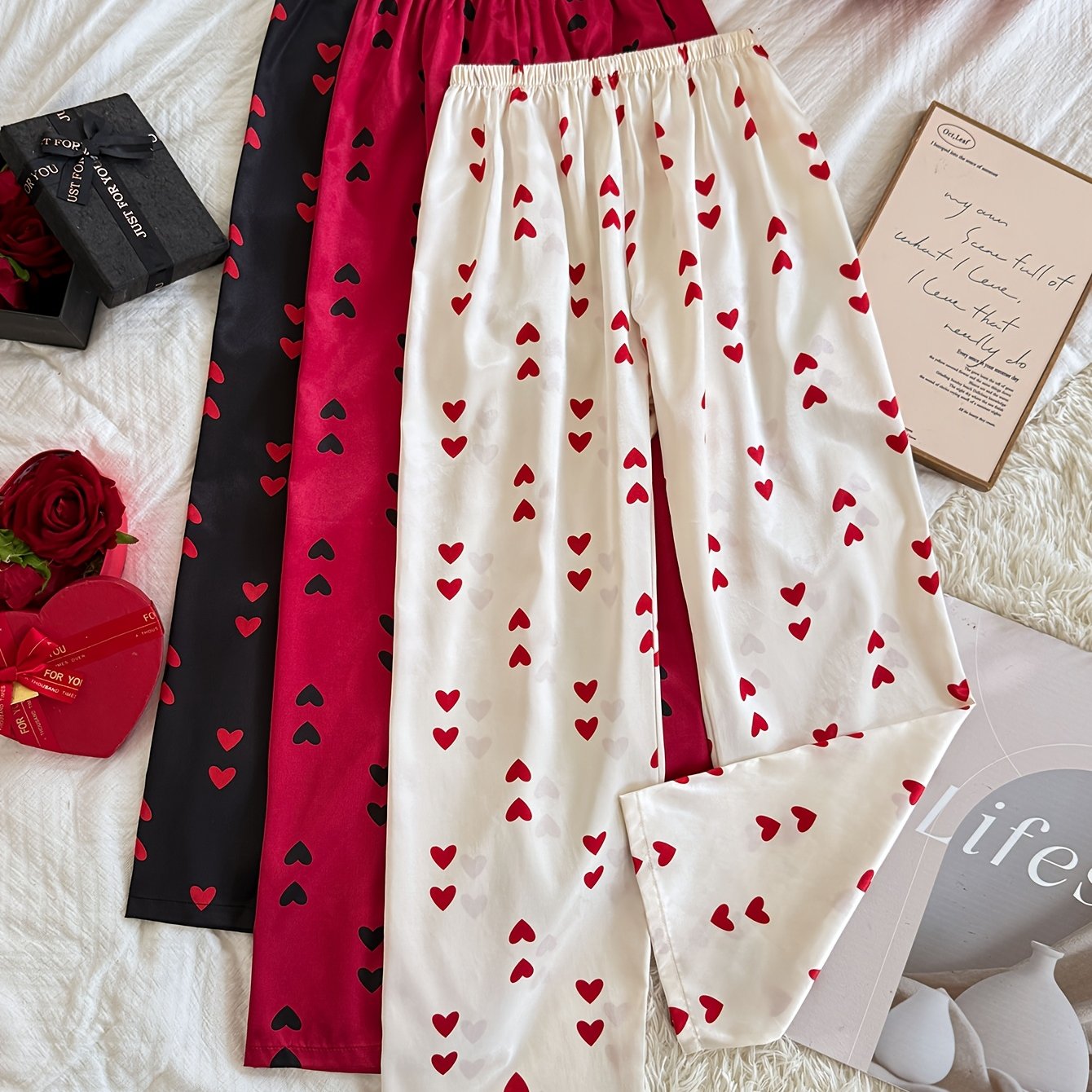 TEMU Heart Print Comfortable Pants 3pcs Set Temperament Pajamas
