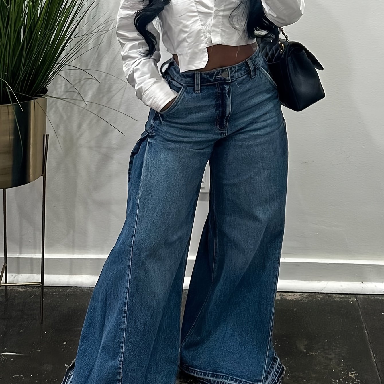 TEMU Women's Wide Leg Jeans High Waisted Flared Denim Pants Baggy Loose Fit Jeans Frayed Hem Casual Streetwear