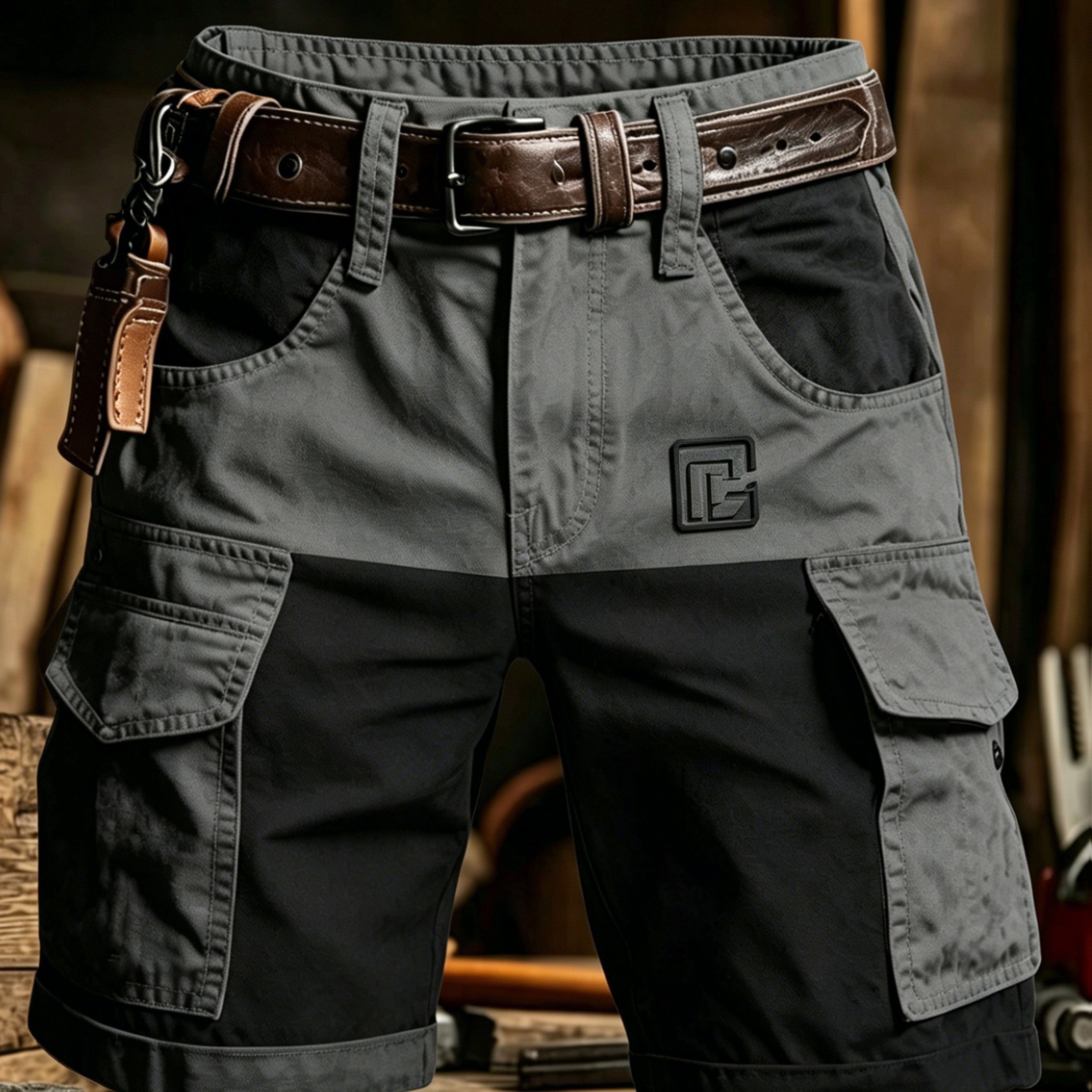 Image of New Arrival Men's Dark Grey Camouflage Spliced Cargo Shorts No Belt Included Outdoor Summer Comfortable Cool Versatile Special Fabric, Plus Size