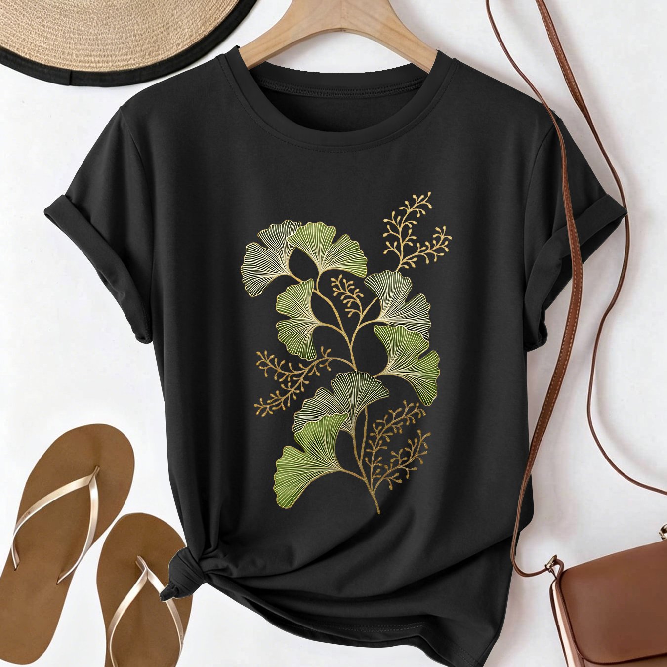 TEMU New Women's Summer Apparel, Ginkgo Leaf Illustration Print Round Neck Short Sleeve T-shirt, New Chinese- Fashion, Versatile For , Daily Wear,