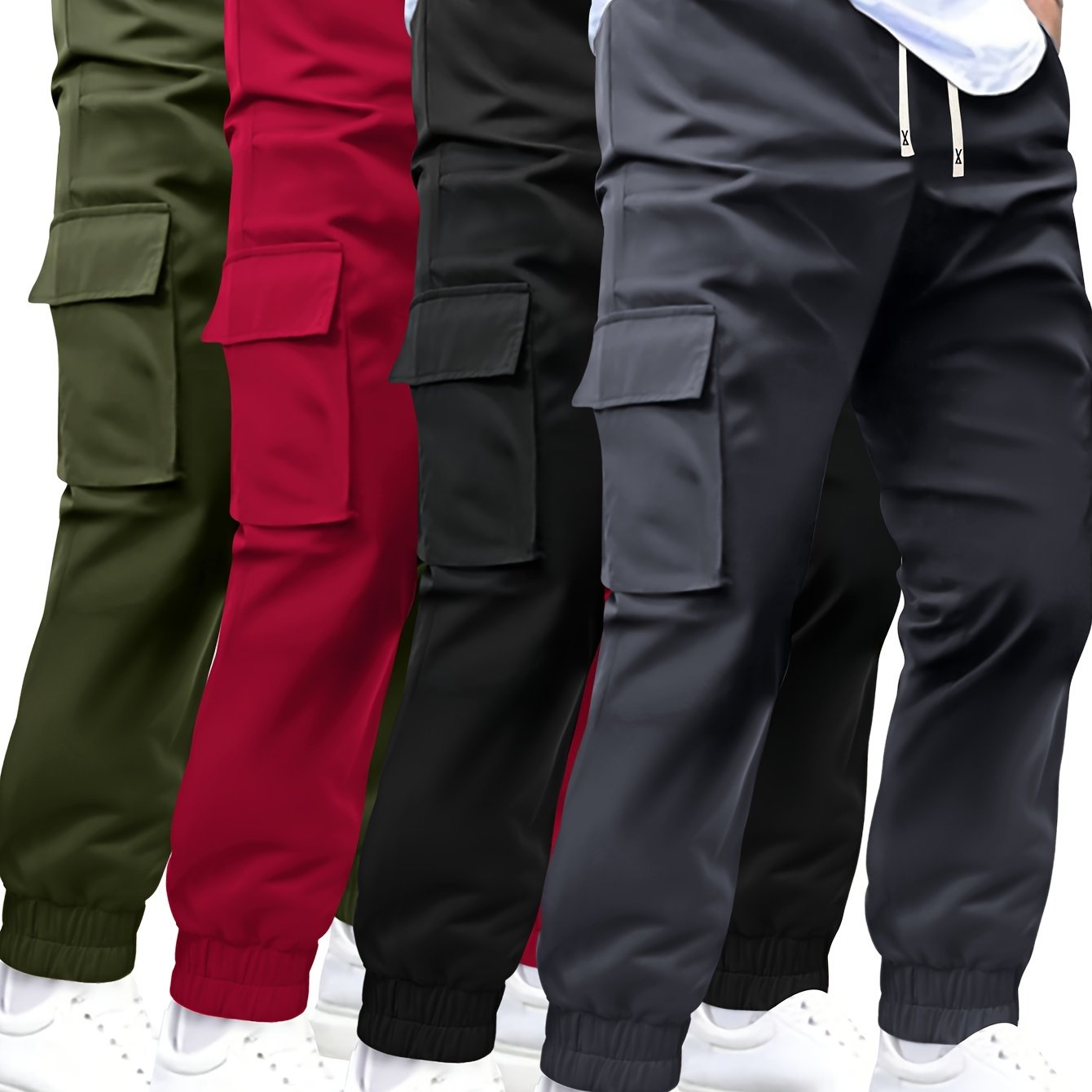 TEMU Men's Work Pant Set Of 4 - Spring/fall Solid Color Cargo Pants With Multiple Pockets, Casual Sports Jogger Pants, Elastic Waist, Mid-rise, Regular Fit, Polyester 100%