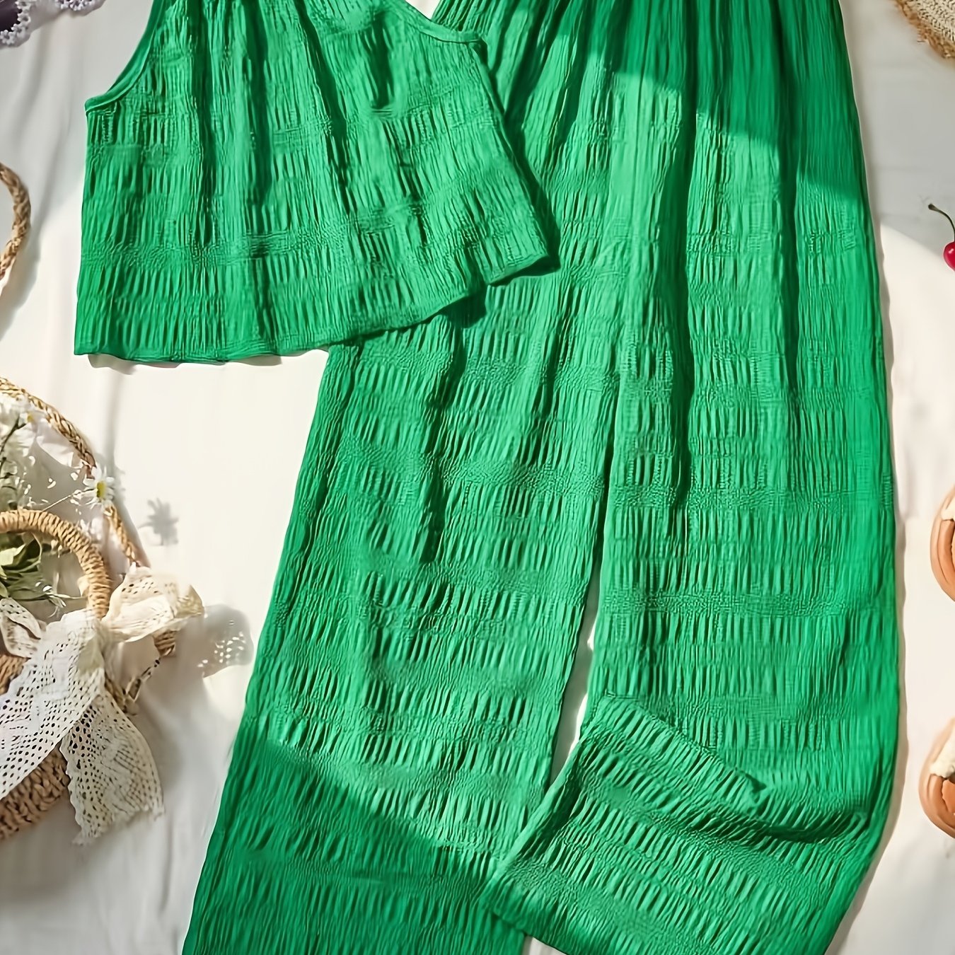 Girls' 2pcs Sleeveless Top And Wide-leg Pants Set, Backless Button Design, Fitted Top And Loose Comfortable Straight Pants, Suitable For Outdoor Wear