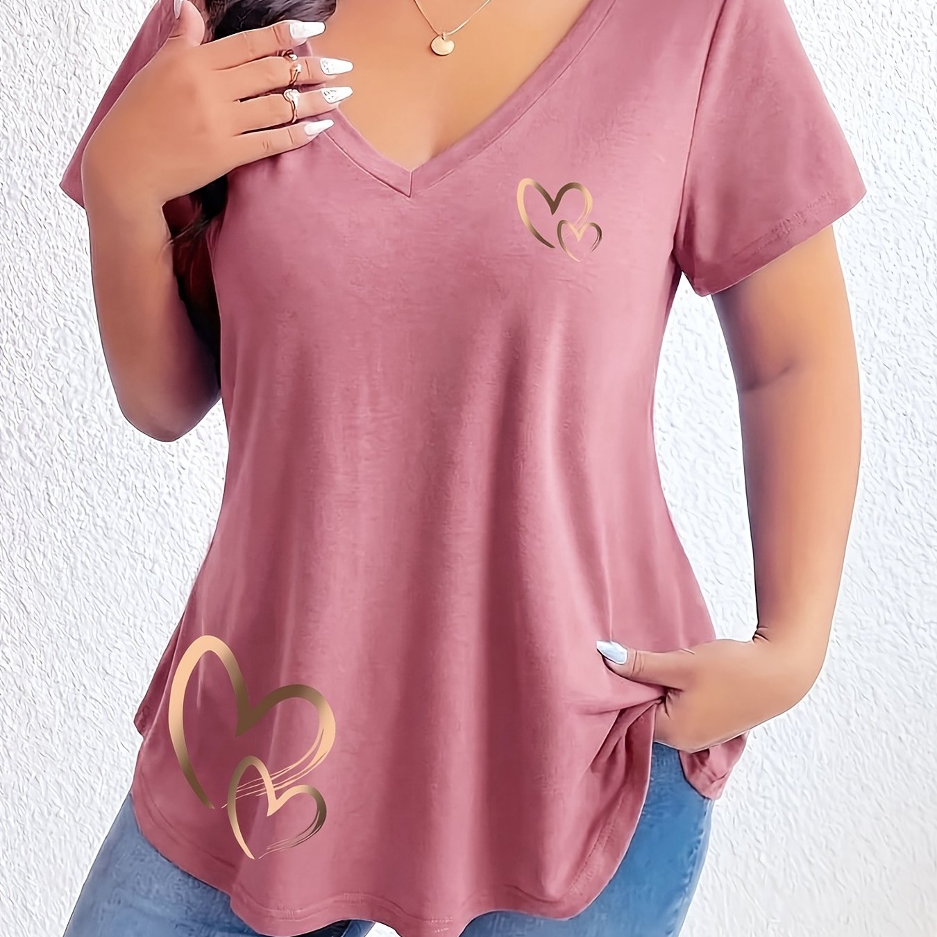 TEMU Plus Size, Plus Size Women's V-neck T-shirt - Solid Color & Geometric Collar Suitable For Spring/summer, Casual Blouse Top, Machine Washable