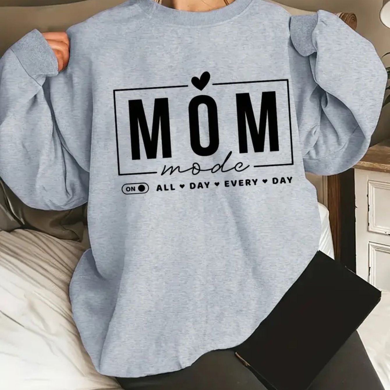 TEMU 1pc Women's Casual Long Sleeve Round Neck Pullover Sweater - Gray With Mom Graphic Print, Medium Stretch, Machine Washable, Autumn