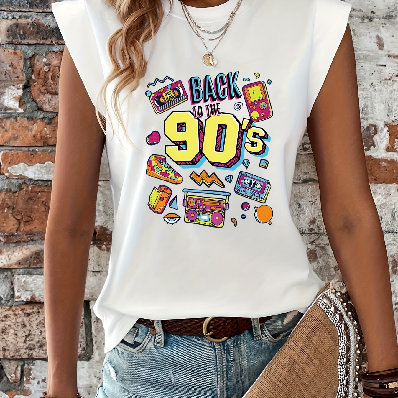 TEMU Camiseta BACK to THE con estampado , manga corta y cuello , top casual para verano y , ropa de mujer