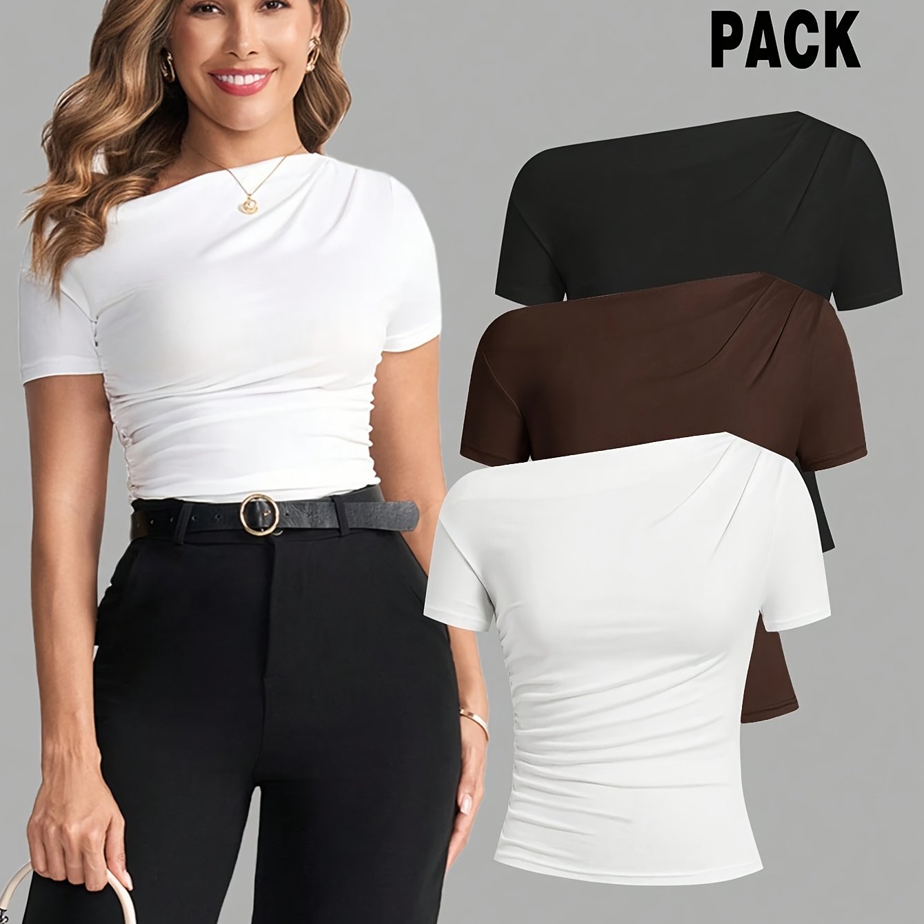 3pcs Asymmetrical Collar Ruffle Short Sleeve Solid Color T-shirt, Elegant Women's Spring/summer Style