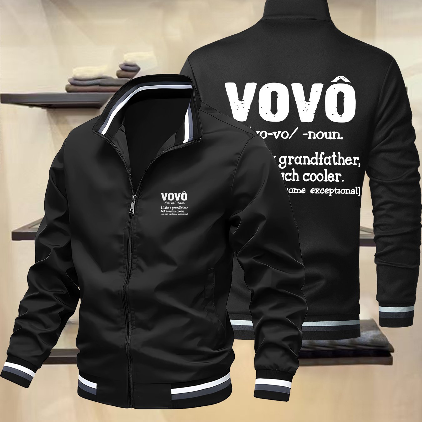 TEMU Men's Lightweight Stand-collar Casual Jacket Featuring A Vovo Pattern, A Versatile Coat For Spring And Autumn, Made From Comfortable Fabric With