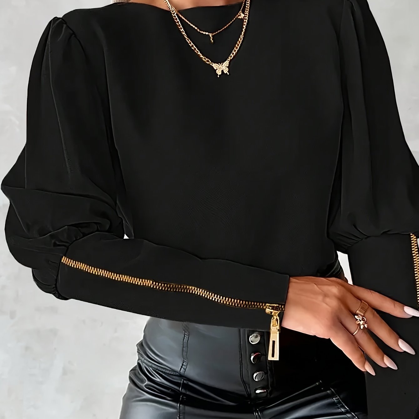 TEMU Sleeve Zipper Detail Solid Color Round Neck Blouse