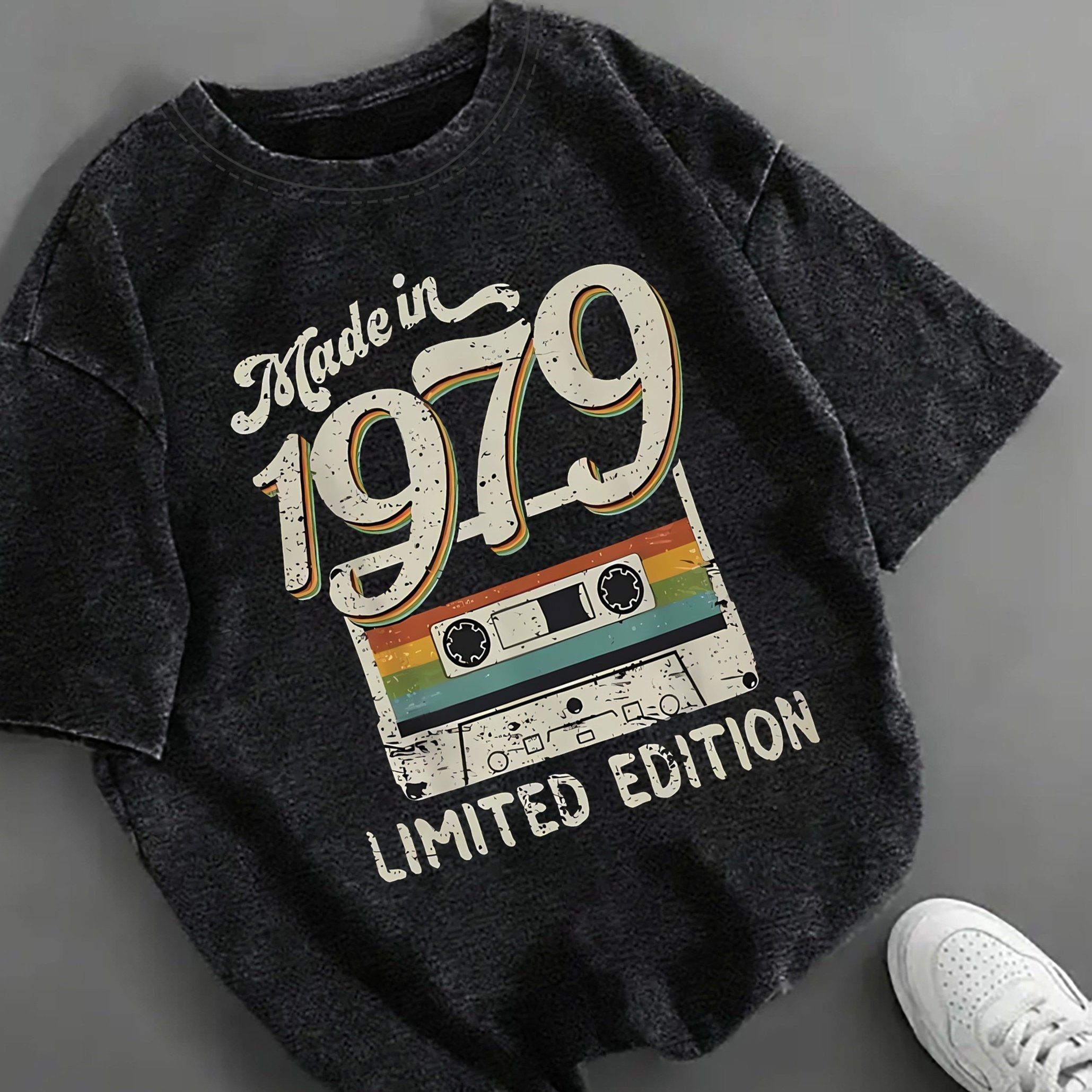 TEMU Made In 1979 With Cassette Tape Print T-shirt, Short-sleeved Crew Neck Casual Top, Summer Casual Wear, Women's Clothing.