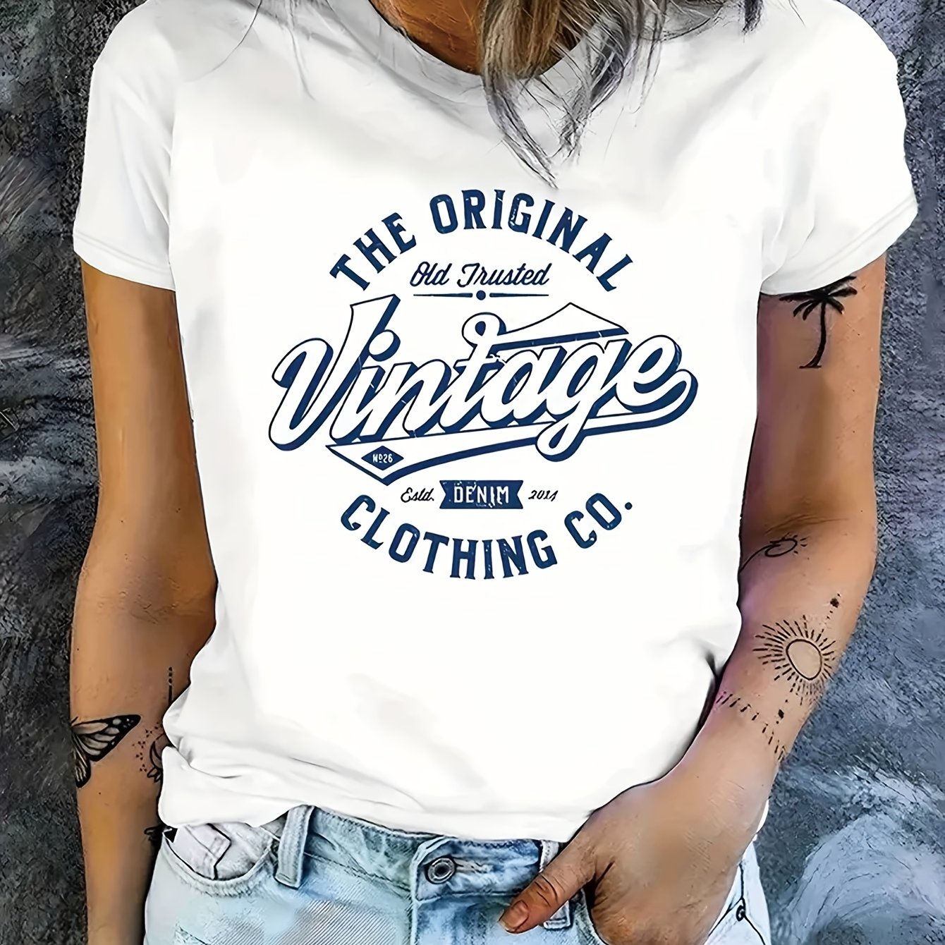 Women's Retro Print T-shirt Casual Crew Neck Short Sleeve Top Stretch Fabric Summer And Spring Regular Fit