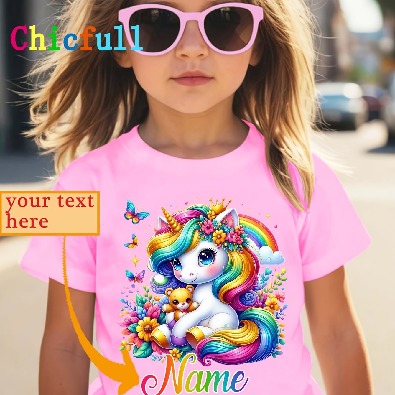 Dztx32025 Wml Girls' Name Personalized Name Colorful Unicorn Pattern Print Cute Versatile Casual Round Neck T-shirt