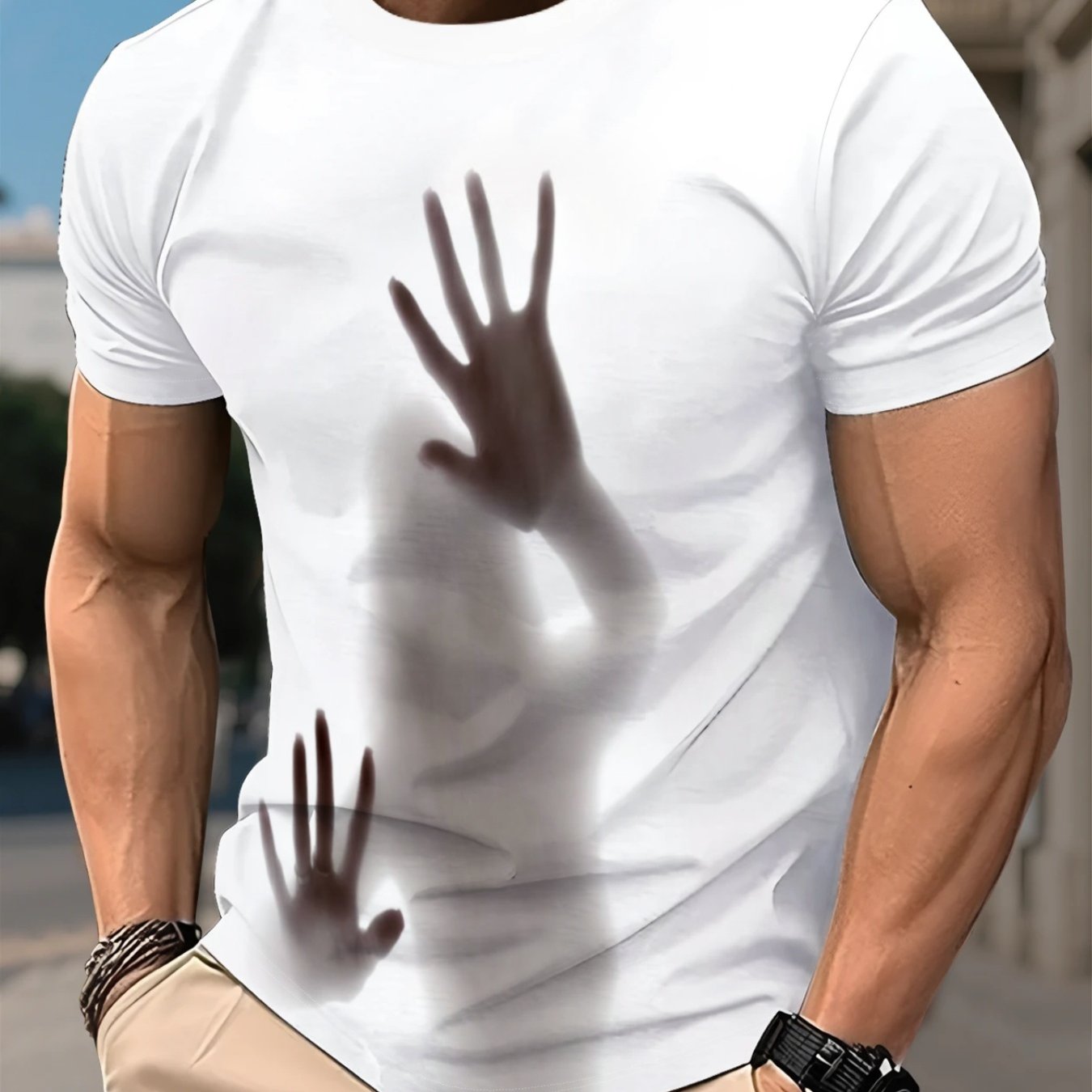 TEMU Men' Hand T-shirt - Gothic Style Double-palm Silhouette Print, Lightweight Breathable Short-sleeve Top Suitable For Parties, Halloween Outfits &