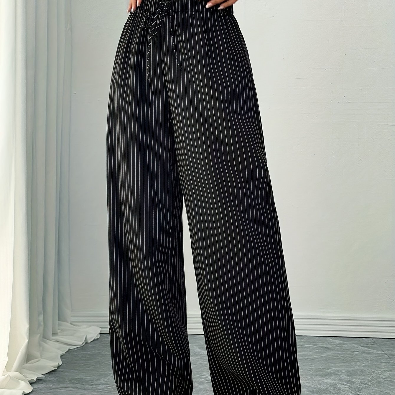 TEMU Women's Black & White Striped Wide-leg Trousers - Elegant Vertical Striped High-waisted Loose Pants With Drawstring Waist, Long Length For
