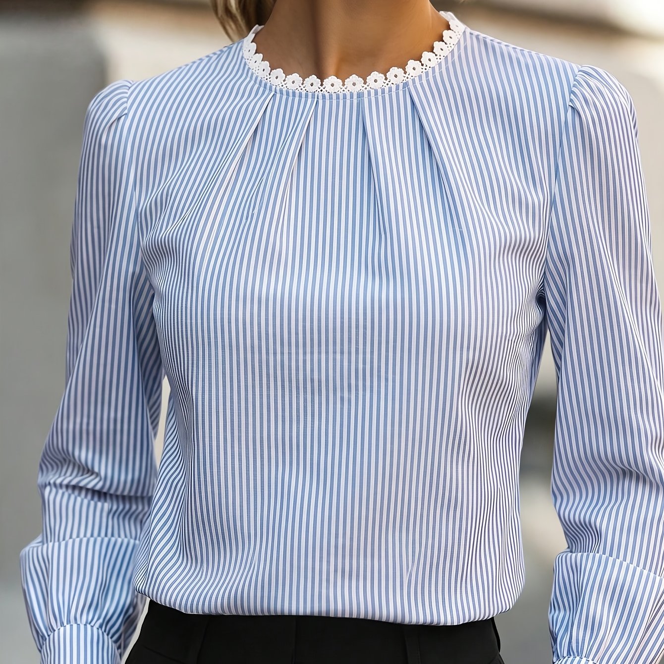 TEMU Chemise décontractée et pour femme à manches longues avec col à rayures imprimées et pièce décorative en dentelle