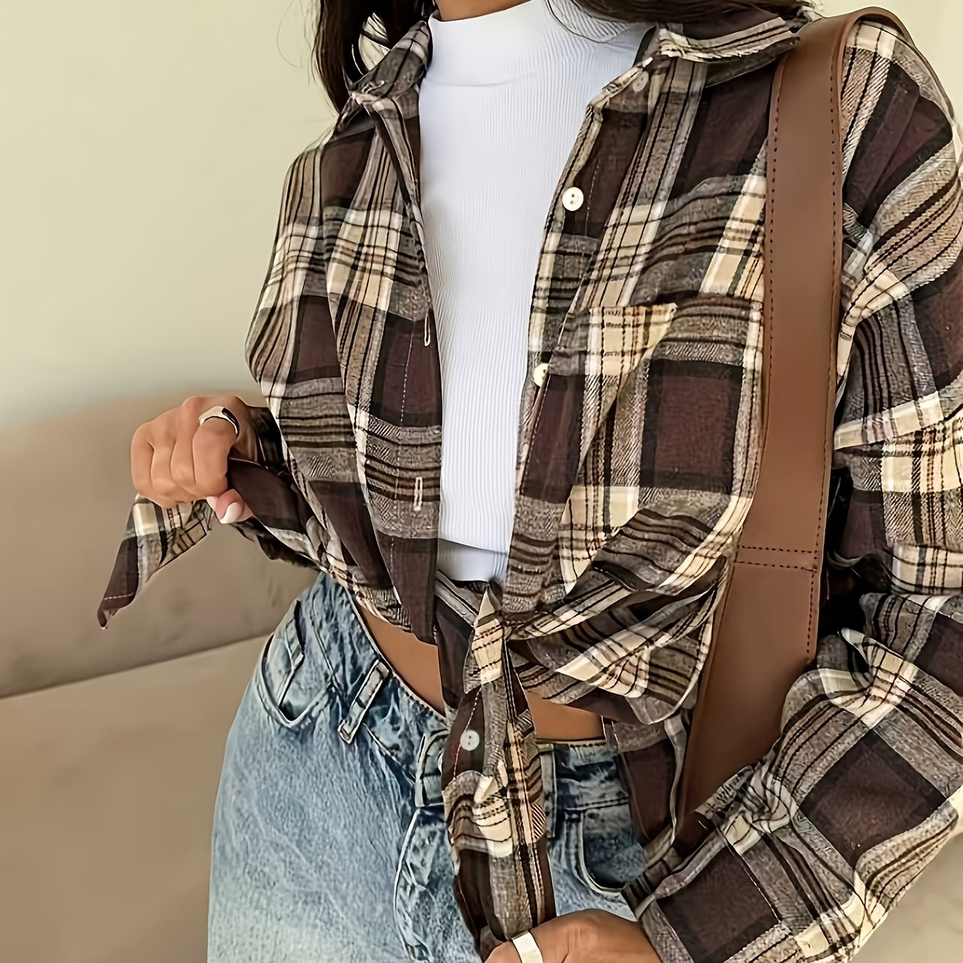 TEMU Women's /summer Plaid Print Lapel Long Sleeve Loose Fit Casual Fashion Shirt