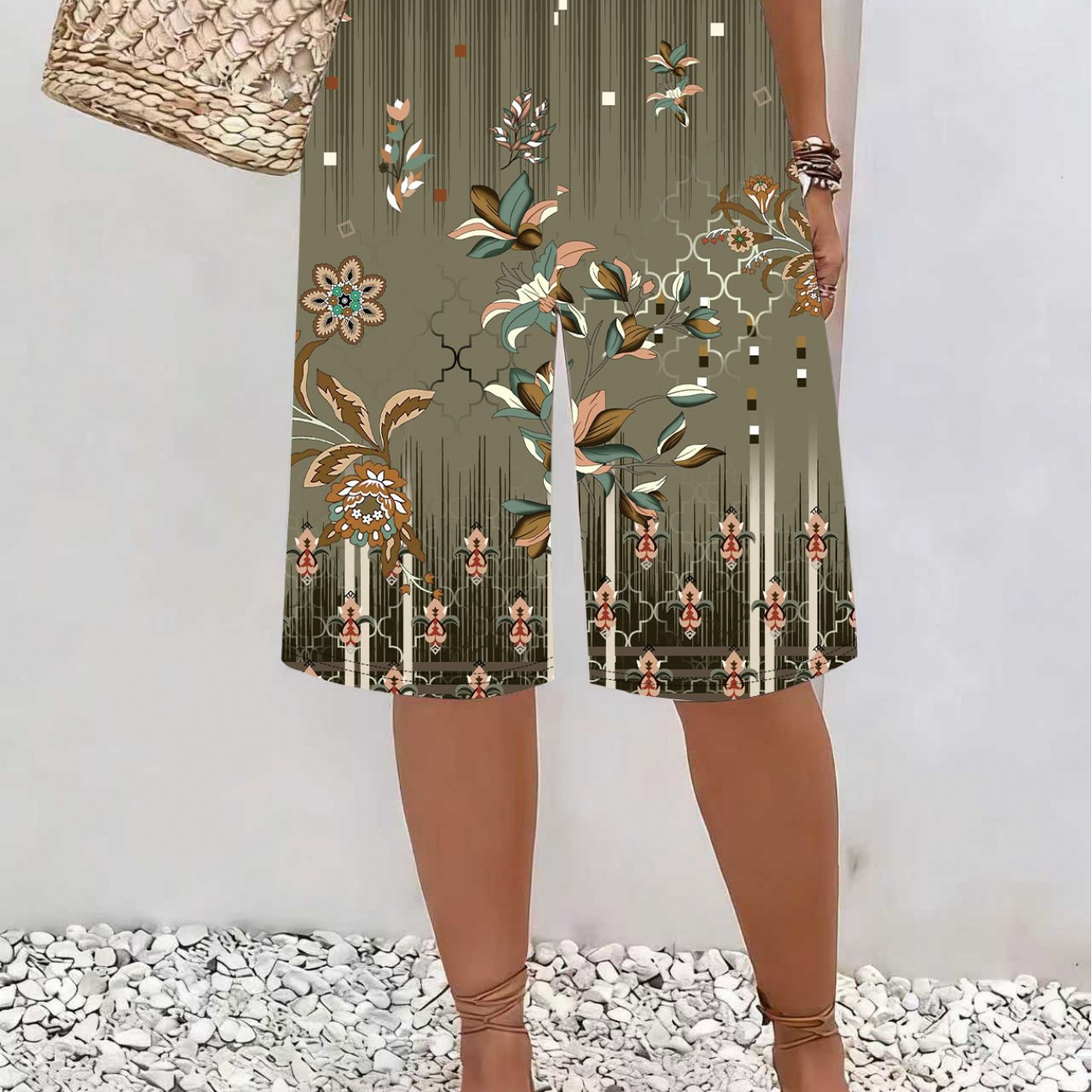 TEMU Vintage Botanical Floral Print Wide-leg Capri Pants | Gift | Machine Washable | Summer Gift Bohemian Style Loose Casual Vacation Pants