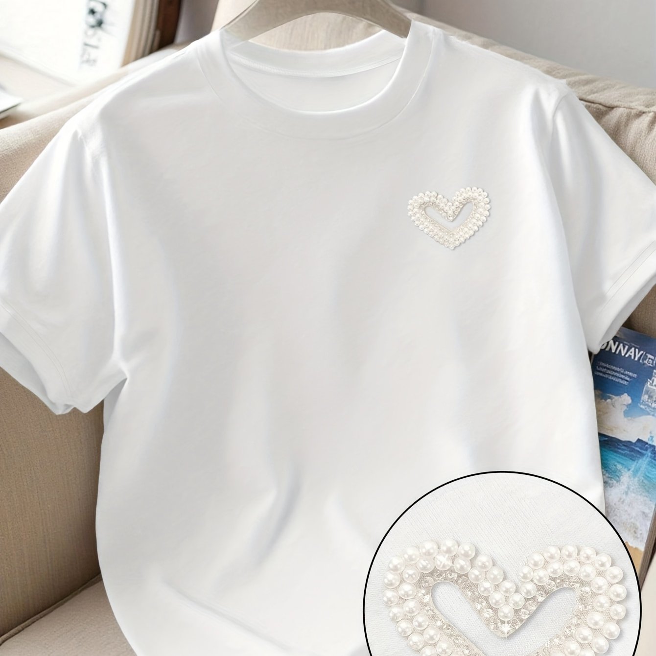 TEMU Women's Fashion Solid Color Pearl Embellished Short Sleeve T-shirt