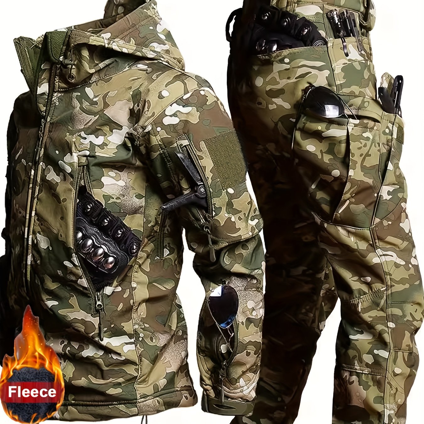 Image of Men's Camouflage 2pcs Set: Outdoor -lined Warm Softshell Jacket And Multi-pocket Wear-resistant Cargo Pants, Winter Thickened Set (accessories Not Included)