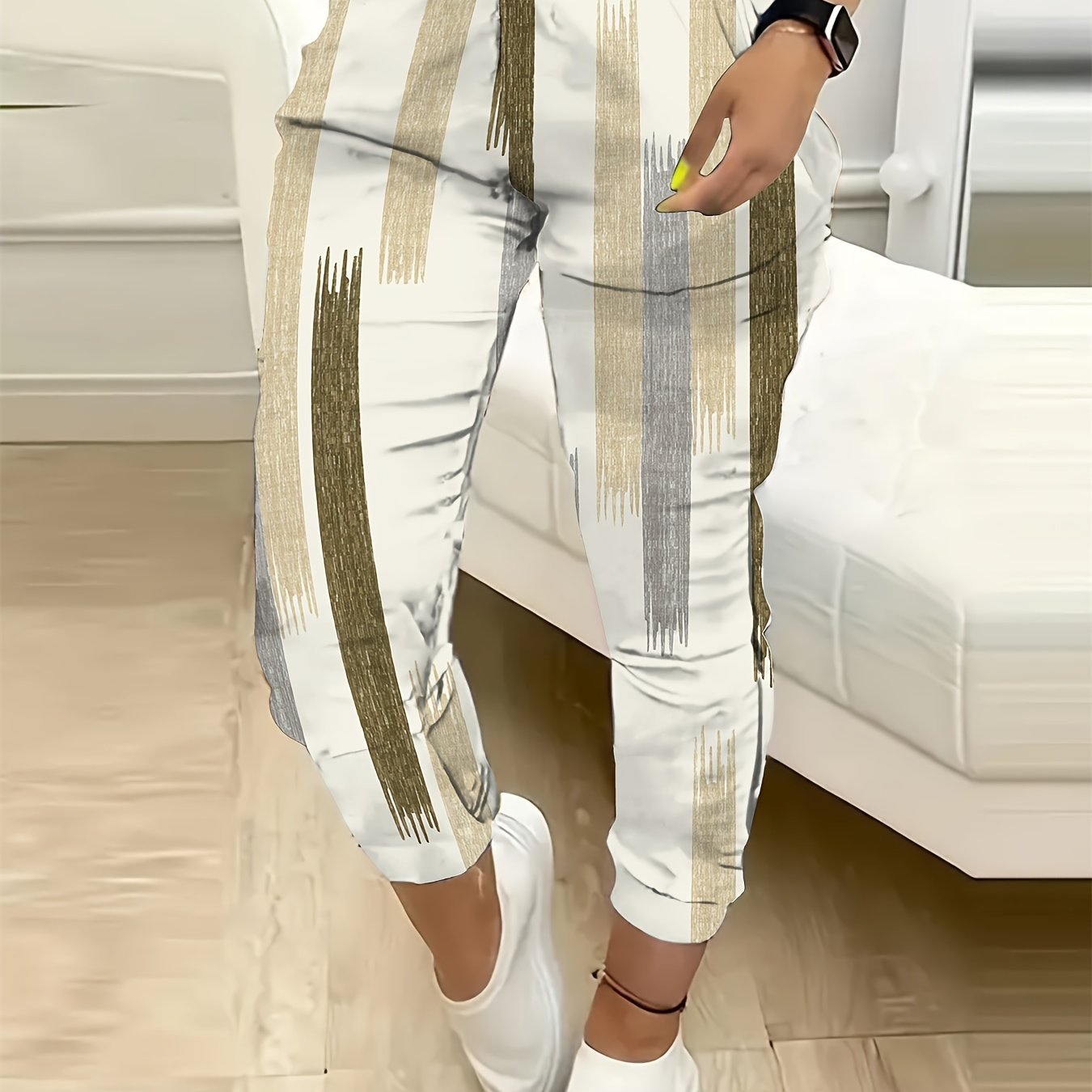 Women's Striped Print Cropped Pants, High Stretch Polyester And Elastane Blend, Machine Washable - Spring/autumn, Casual, 9-inch