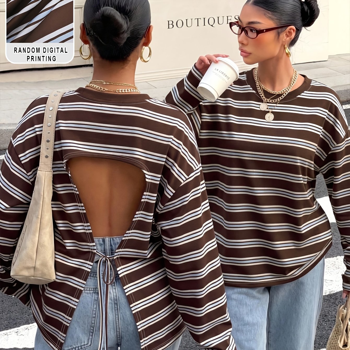 TEMU Women's Designer Striped Backless Tie-strap T-shirt - Loose Neck Suitable For , Machine Washable Medium Stretch Casual Top With Backless &