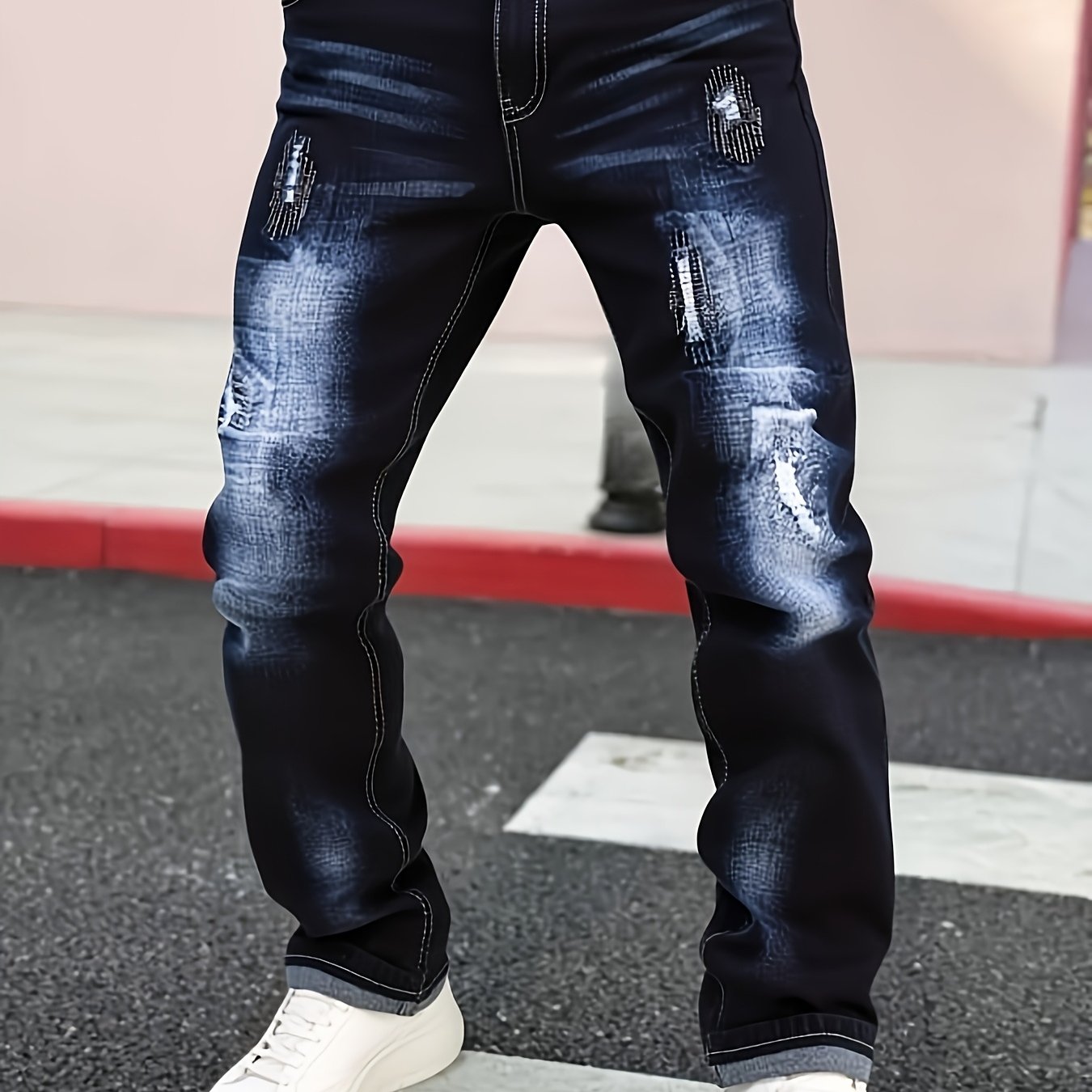 TEMU [hme] Autumn 's Jeans, Mid-waist Stretch Slim Straight Leg, Retro Trendy Brand Perforated Design, Heavy Washed Blue Natural Whitening Effect, -,
