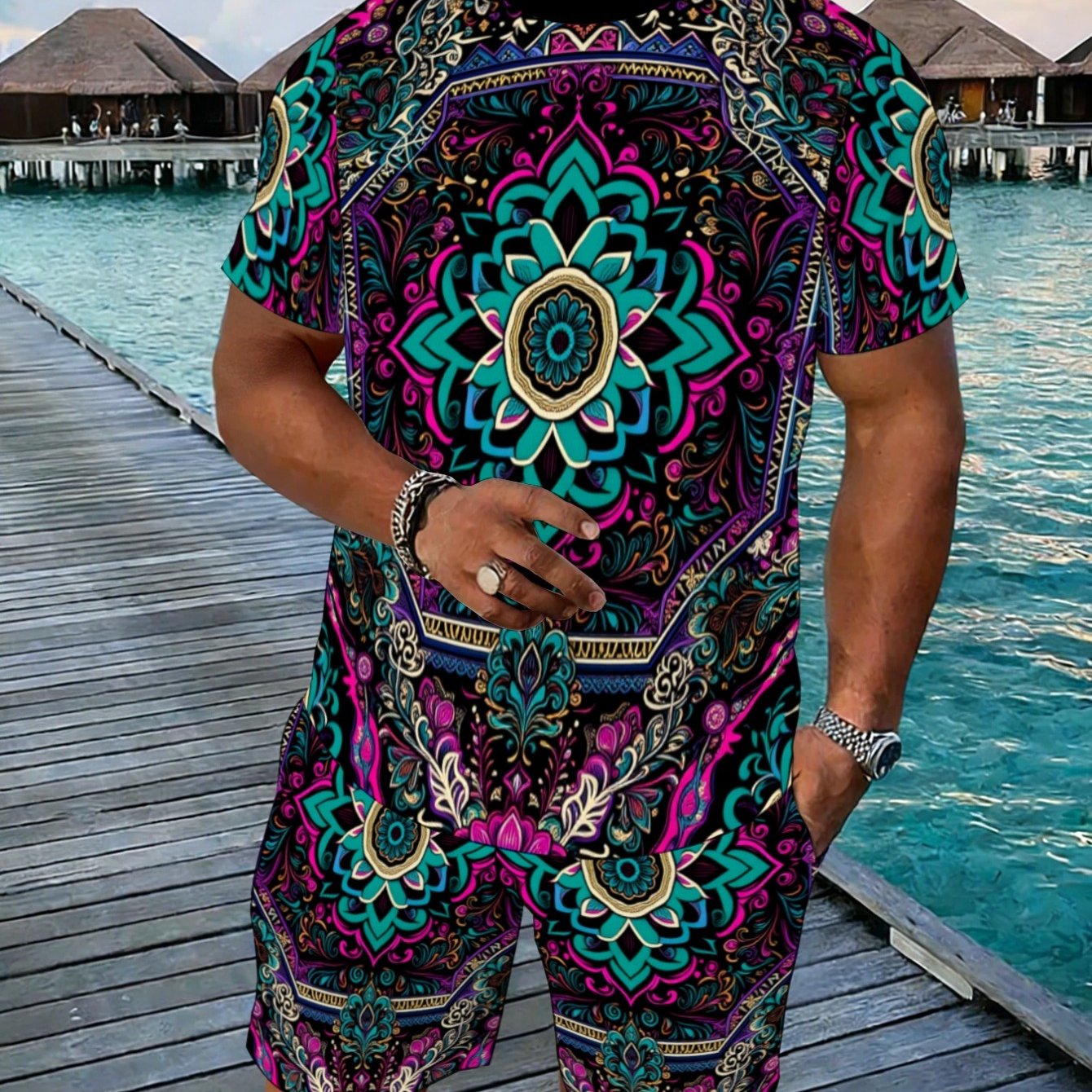 TEMU [printed Design Not Textured]men's Polyester T-shirt Shorts Set, Vibrant Mandala Print, Lightweight Durable, Perfect For Beach, Poolside,