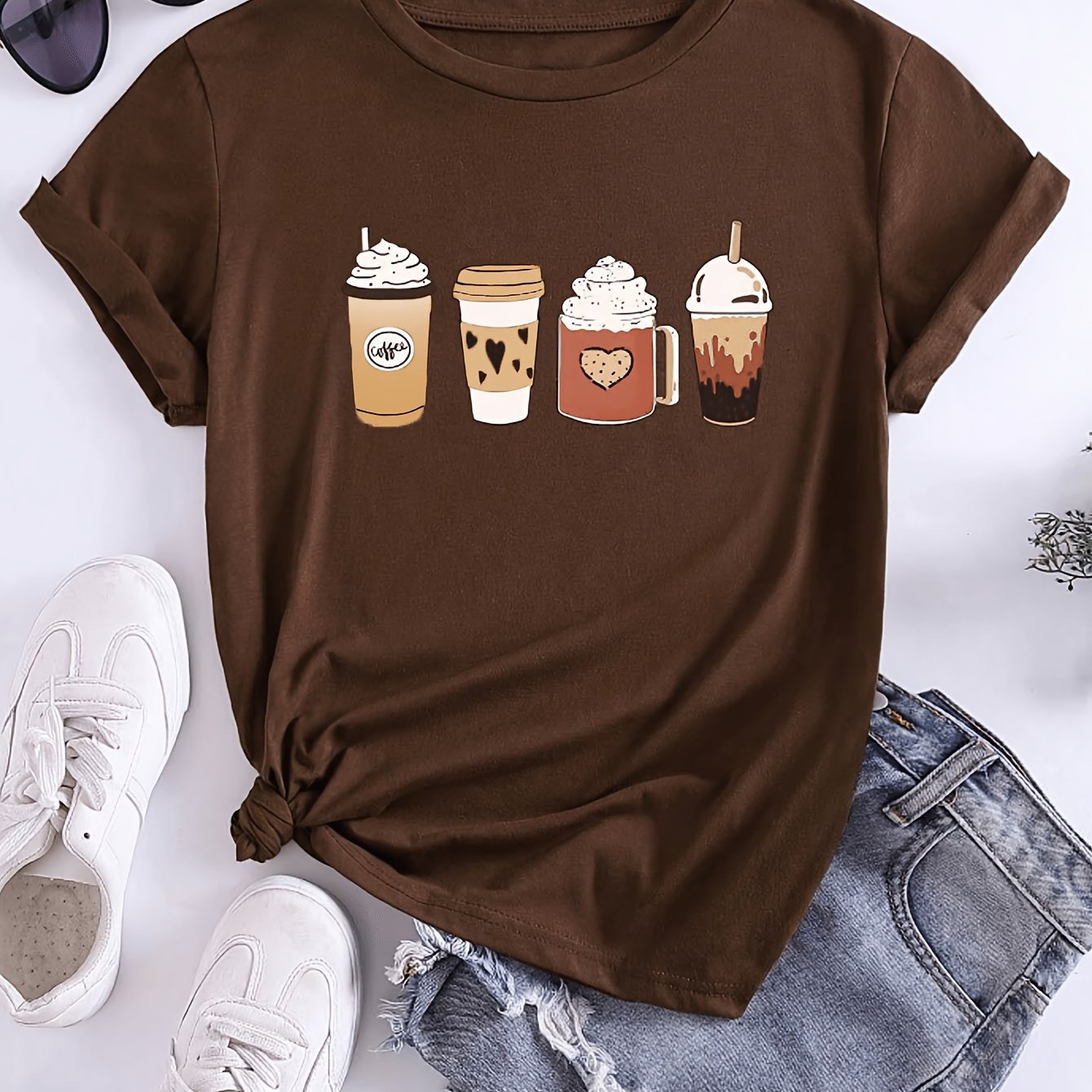 Image of Summer New Commuter Milk Tea And Coffee Printed Round-neck Short-sleeved Women's Cute T-shirt, Casual And Versatile, Loose, Elegant And Unique Top