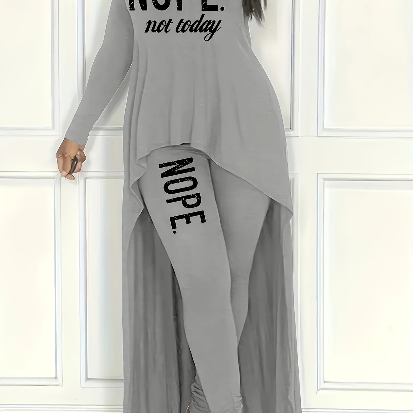 Image of Casual Wear 2pcss Set, Women's Long Sleeve Round Neck High Low Hem T-shirt And Leggings 2pcss Outfit With Letter Pattern Printing