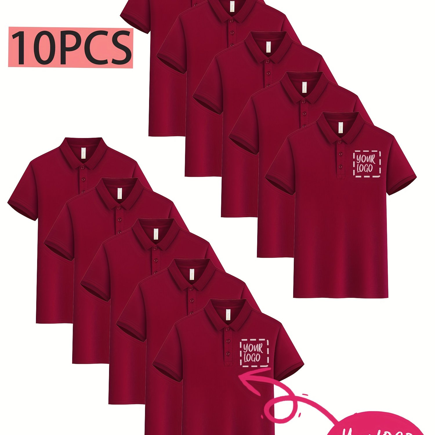 TEMU Set Of 10, Custom Logo Printed On The Left Chest Wholesale Shirts, Personalized Design Prints, Promotional Work Uniforms, , Men's Summer Shirts,