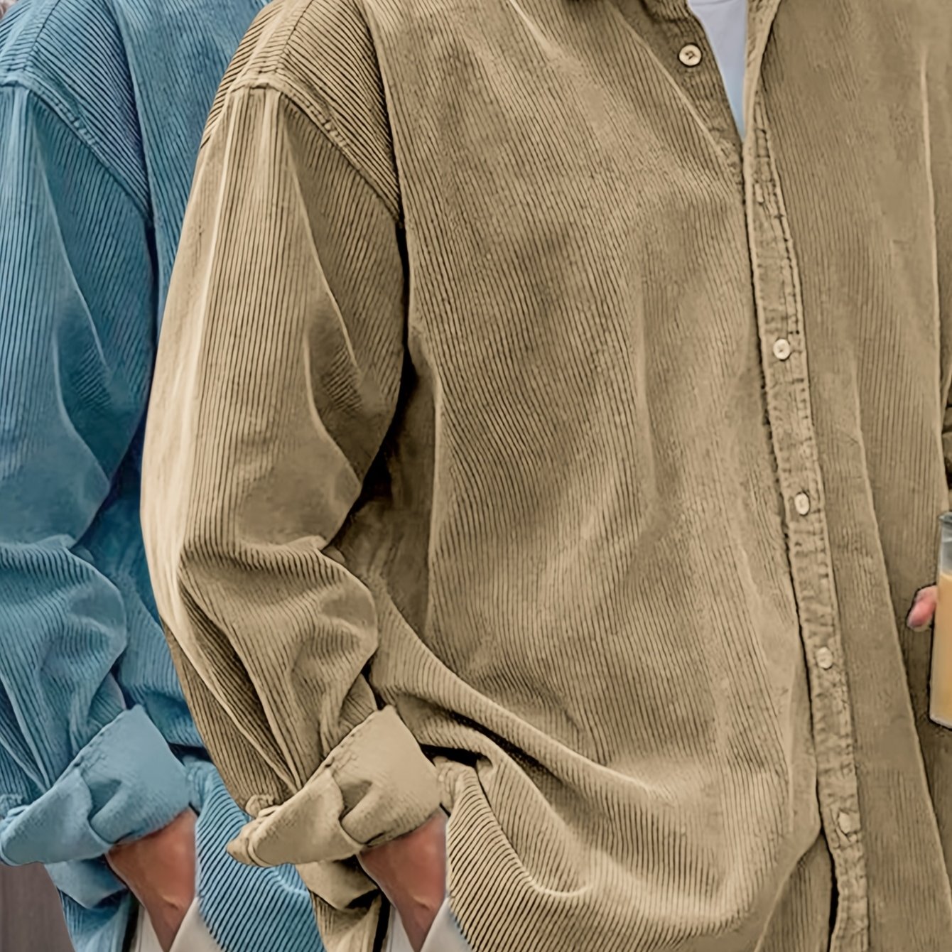Image of 2pcs Men's Corduroy Button Shirts Jackets Casual Long Sleeve Shacket Cotton Overshirts For Winter Fall Fashion Solid Sweatshirt Outdoor Sport Work Shirts Outerwear Workout Hiking Tops