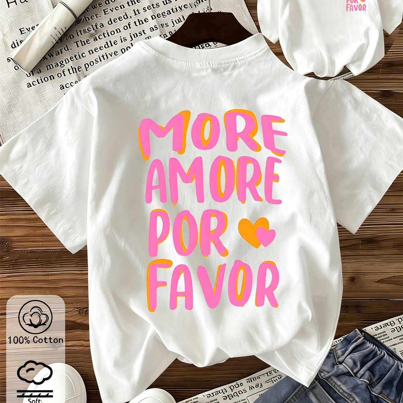 Image of Plus Size, Women's Oversized Spanish Slogan T-shirt "more Amore " - & Spanish Print, Casual Round Neck Tee, Machine Washable Vacation Top Suitable For - Wear, Everyday Outfits & Spanish Language
