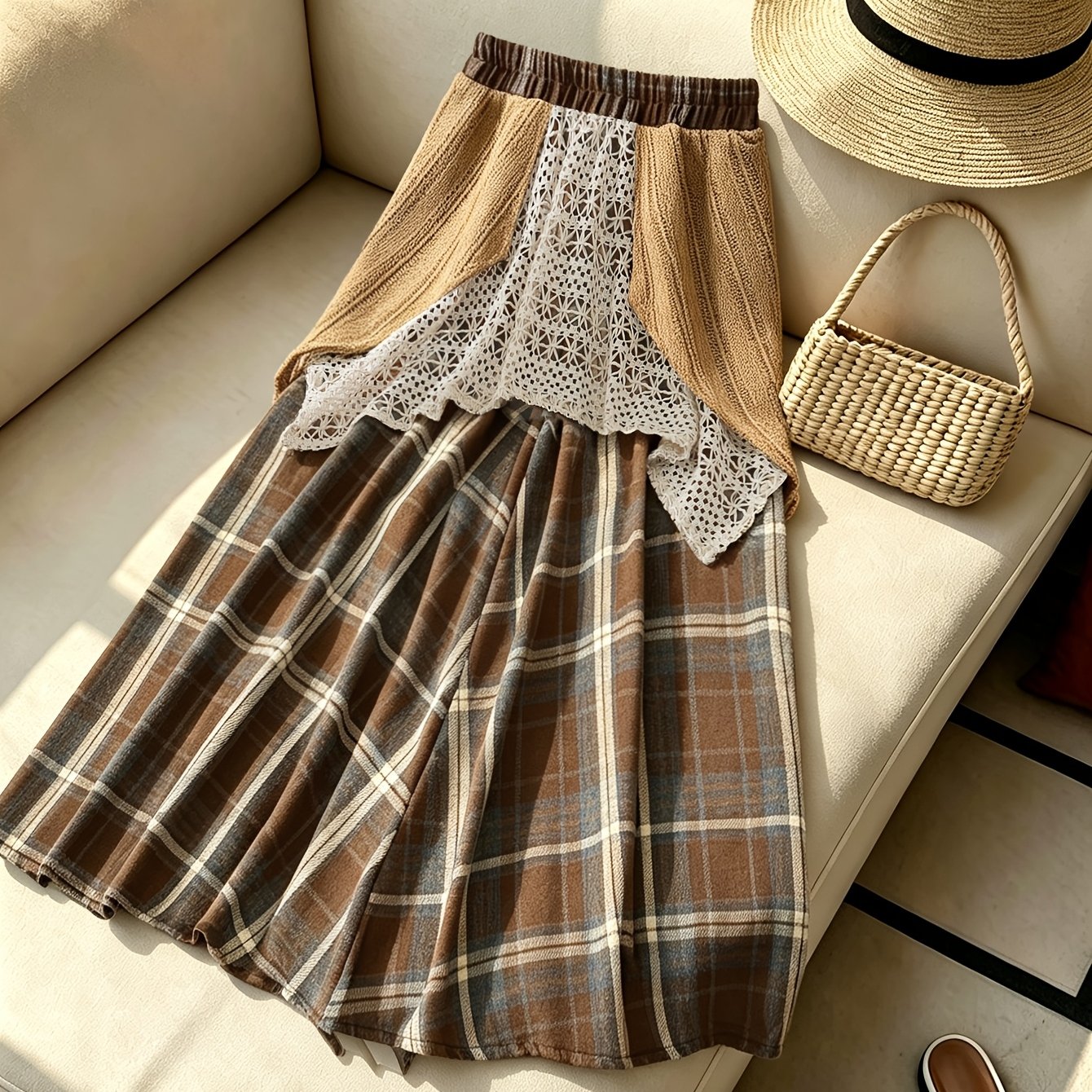 TEMU A Mid-length A-line Skirt Made Of Plaid For Spring And Autumn, Featuring A Loose Elastic Waistband And A Wide Hem, Designed For A Ladies' Style