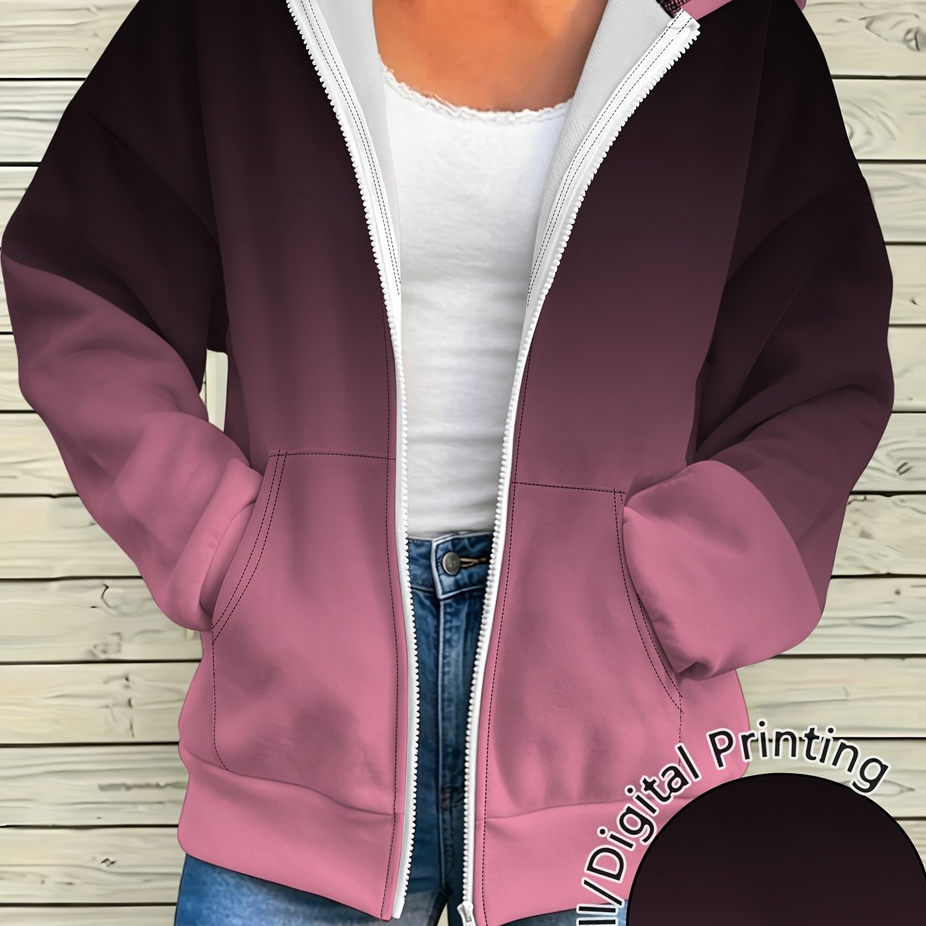TEMU Women Printed Zip Hooded Casual Long Sleeve