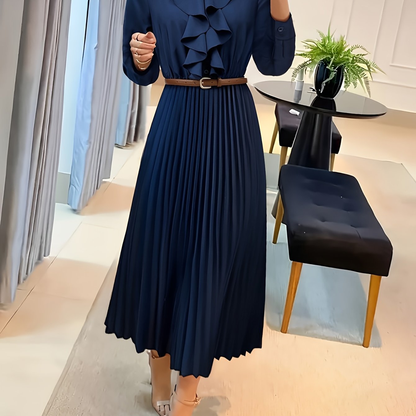 Image of Spring/autumn Long Sleeve Ruffle Pleated Elegant Fashionable Versatile Dress With Belt For Women