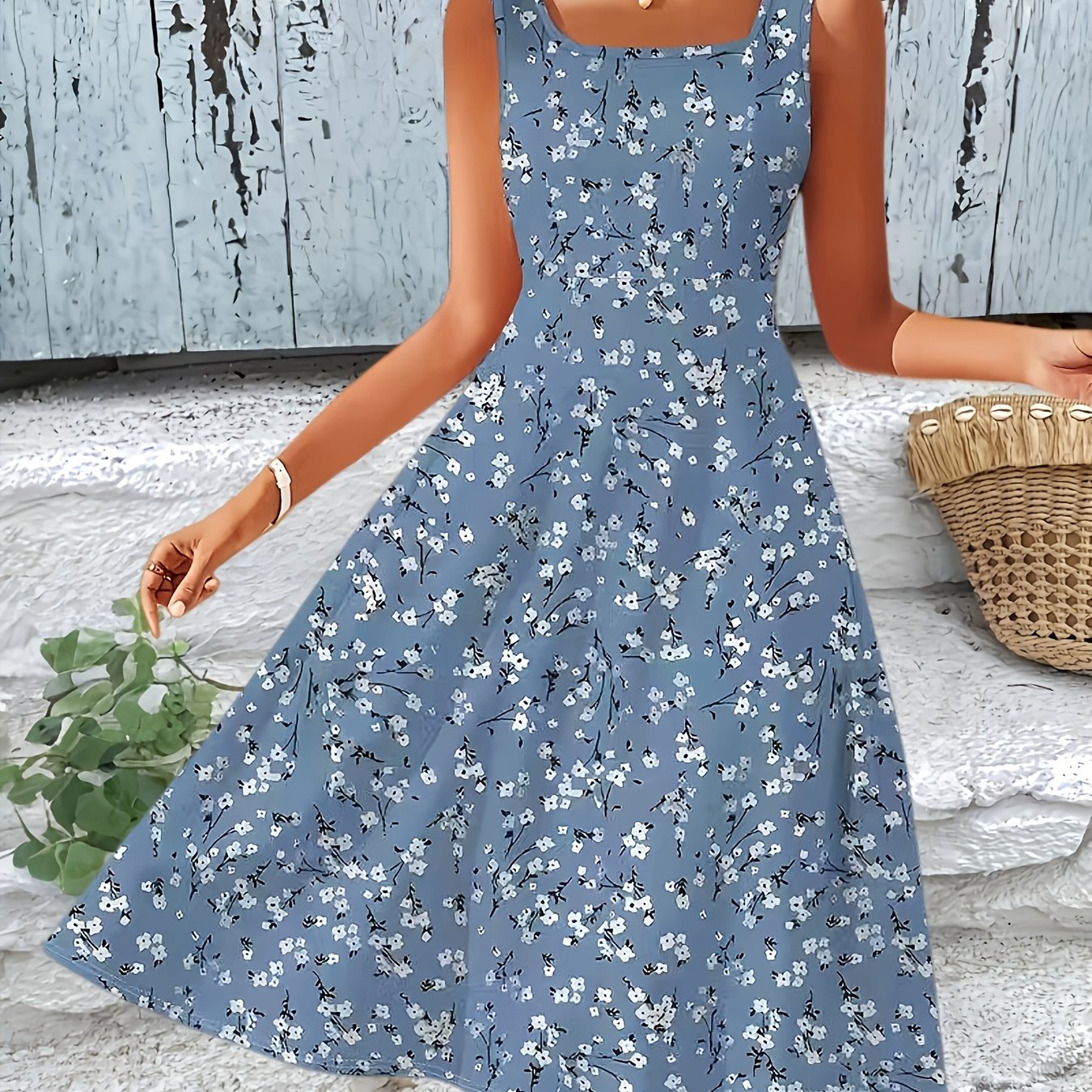 E-shop Elegantes Directional Damen-Kleid in A-Linie mit kleinem Gänseblümchen-Aufdruck, ärmellos, mit quadratischem Ausschnitt, geeignet für Urlaub,