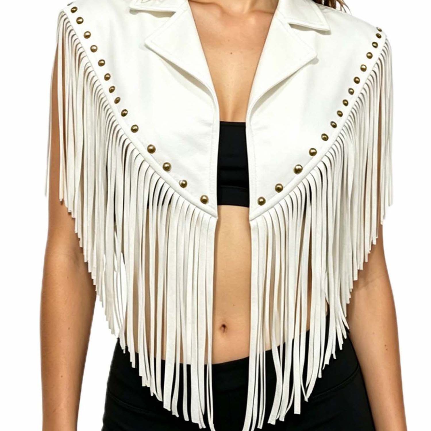 TEMU Gilet d' pour femmes à franges et rivets, col à revers, manches, court, gilet de cowboy pour fête, vêtement d'extérieur irrégulier à franges