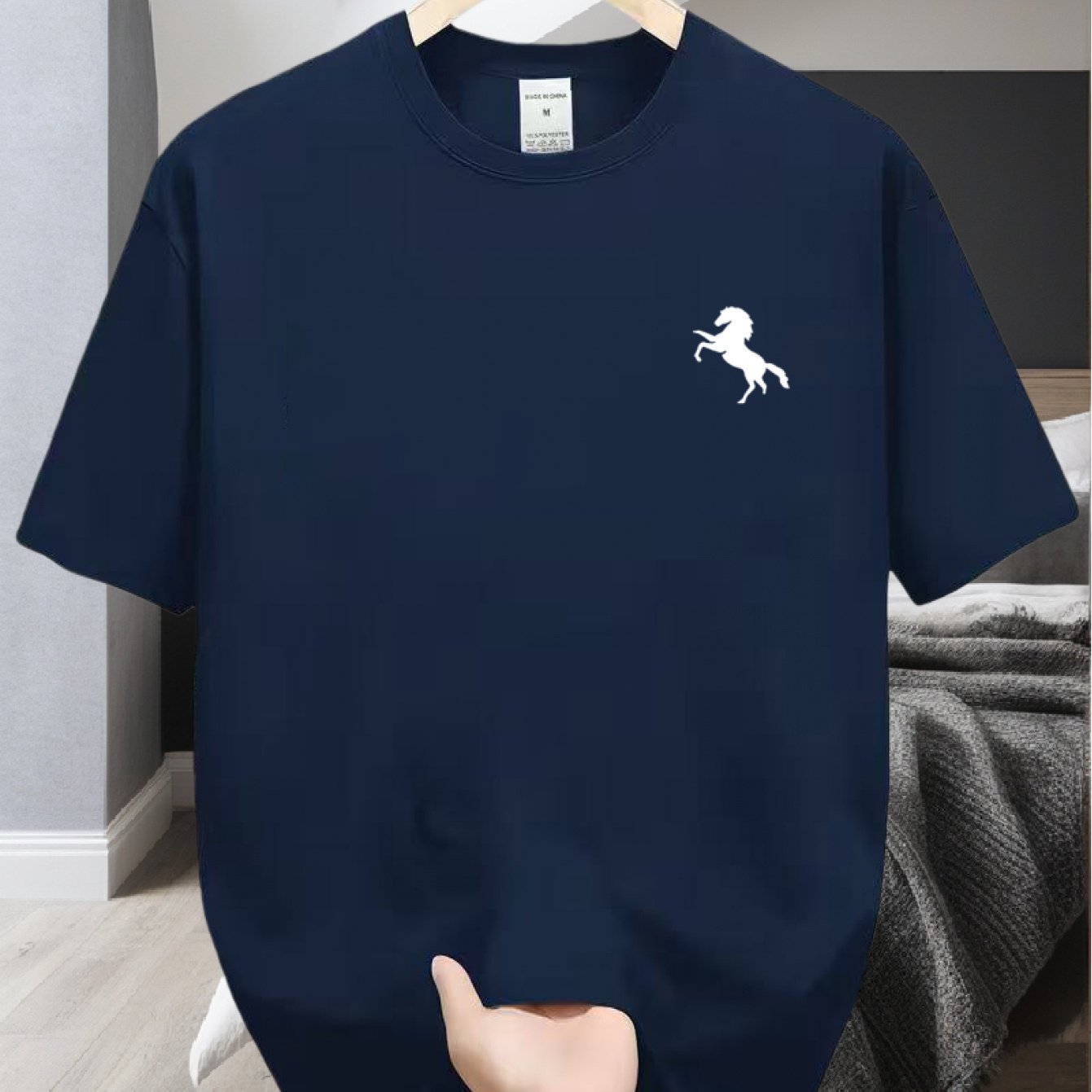 TEMU Comfortable Quick-dry Breathable Short Sleeve Men's T-shirt With Black And White Horse Silhouette, Easy Design, Versatile Top For Multiple