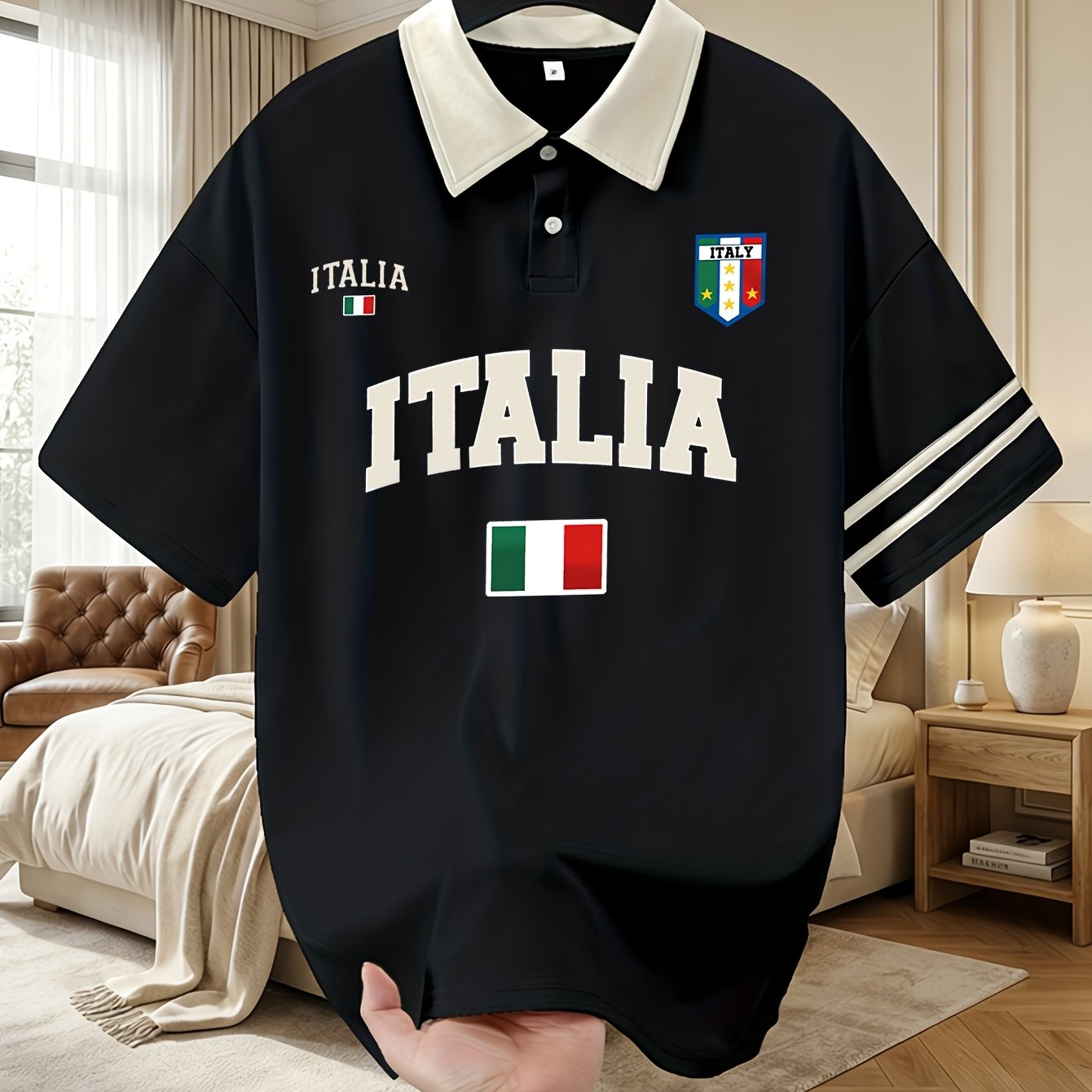 TEMU 2025 New Summer Men's Shirt Italian Flag Pattern Print Breathable Casual Outdoor Sports 2025 New Comfortable And Breathable Style, Flag Print,