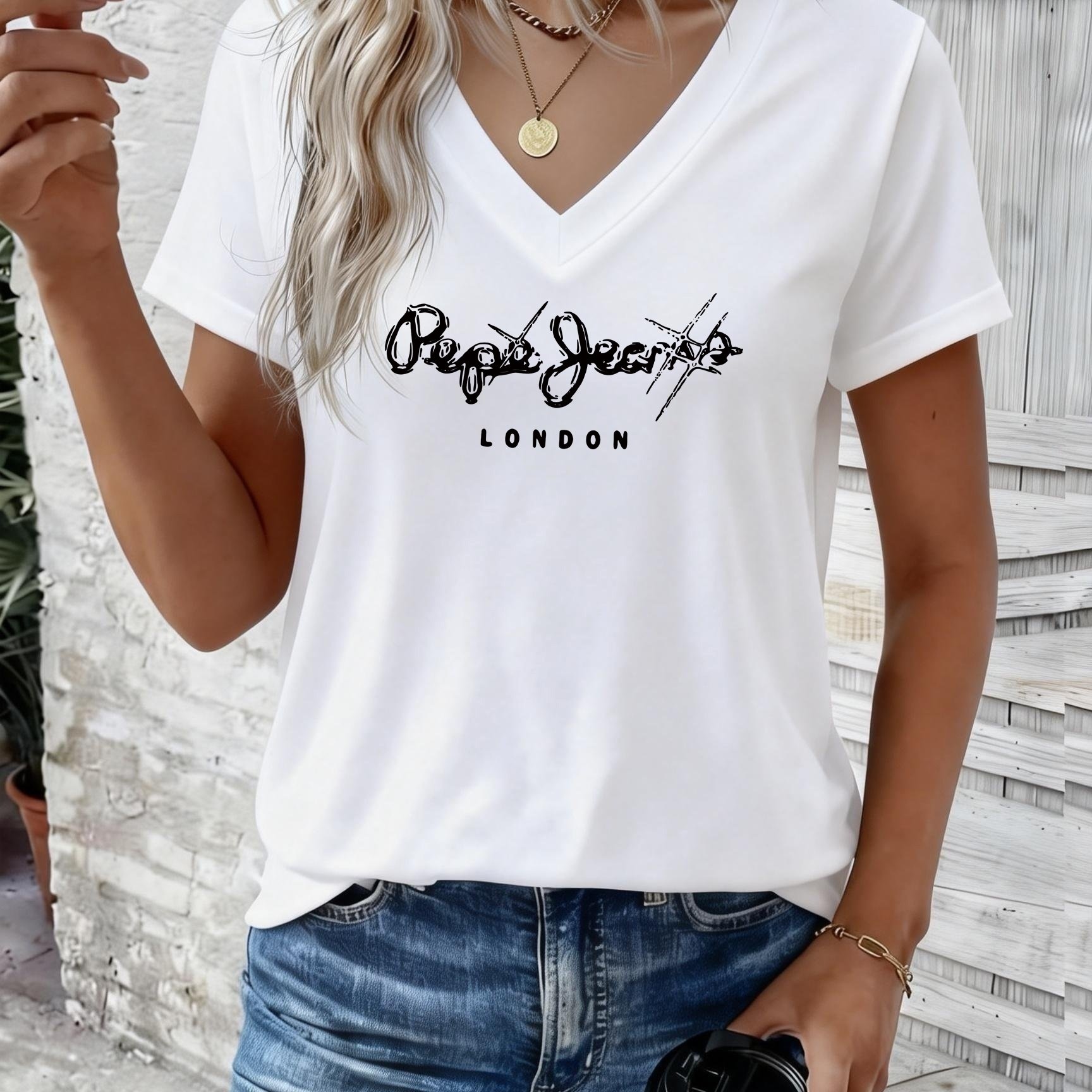 Image of Women's Vintage Handwritten English Letter T-shirt - V-neck Short Sleeve Blouse-compatible Top Suitable For Daily , Casual -line Regular Fit Tee, Machine Washable Spring Summer Wardrobe Essential