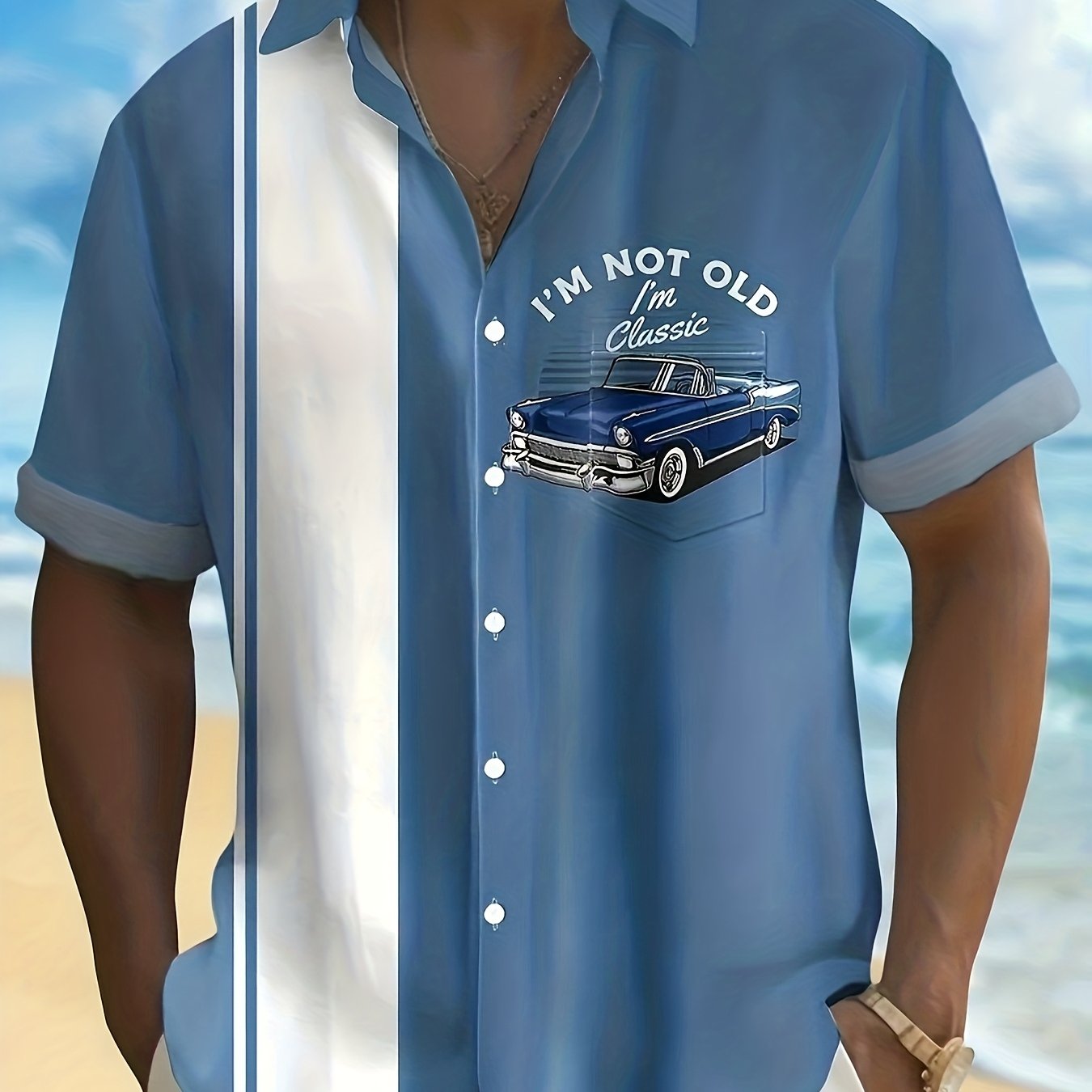 TEMU Men's Plus Size Vintage Car Graphic Button-up Shirt - Checkered, Short Sleeve, Casual Summer Shirt With Front Pocket, Casual Summer Wear|vintage