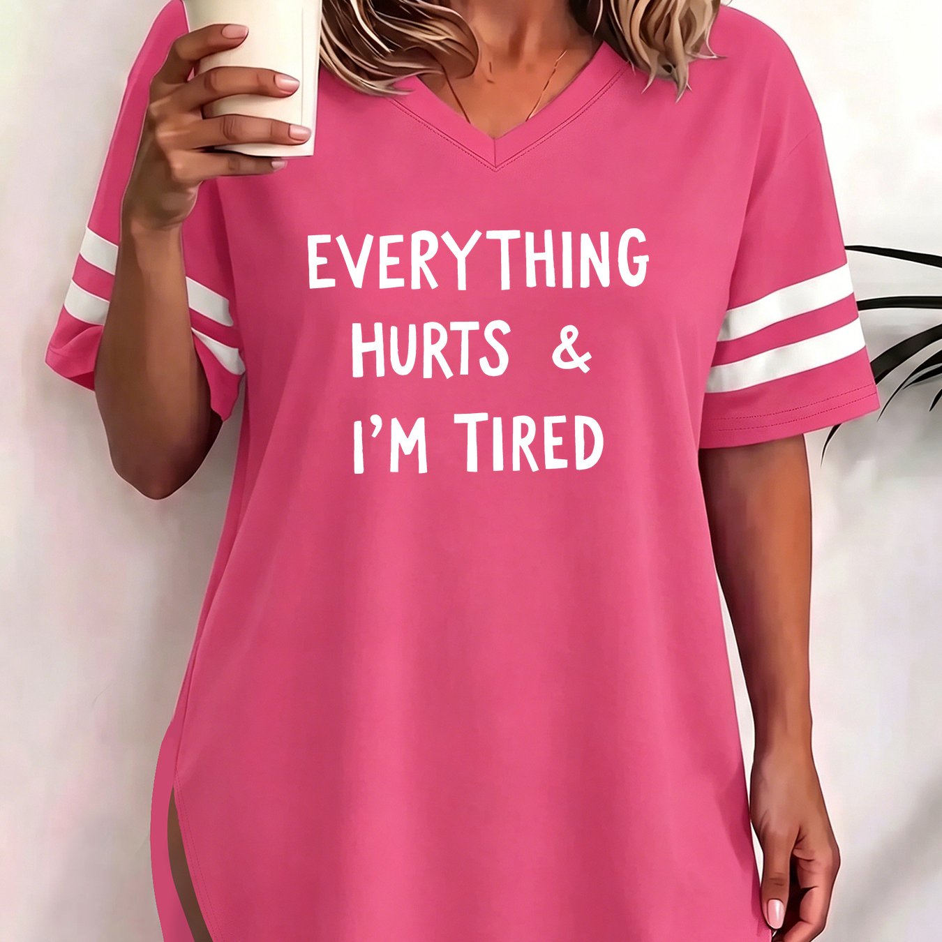 TEMU Plus Size - Everything I'm Tired, Conveying Full Body And Exhaustion, Plus Size 1xl To 8xl Women's V-neck Short Sleeve T-shirt, Side Slit Style,