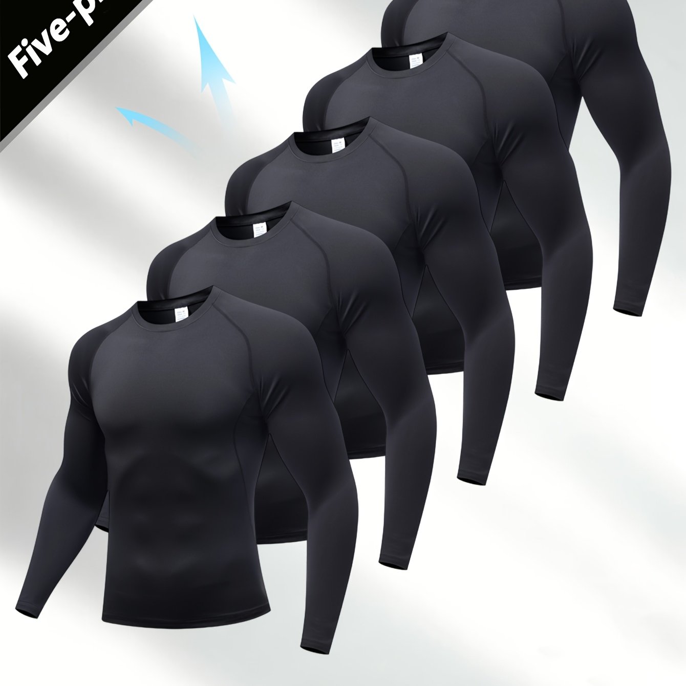 TEMU 5pcs Men's Sports T-shirt - Compressed Long-sleeved Shirt, Breathable, Quick-drying, Stretchy Solid Crop Top, Suitable For Outdoor Sports,