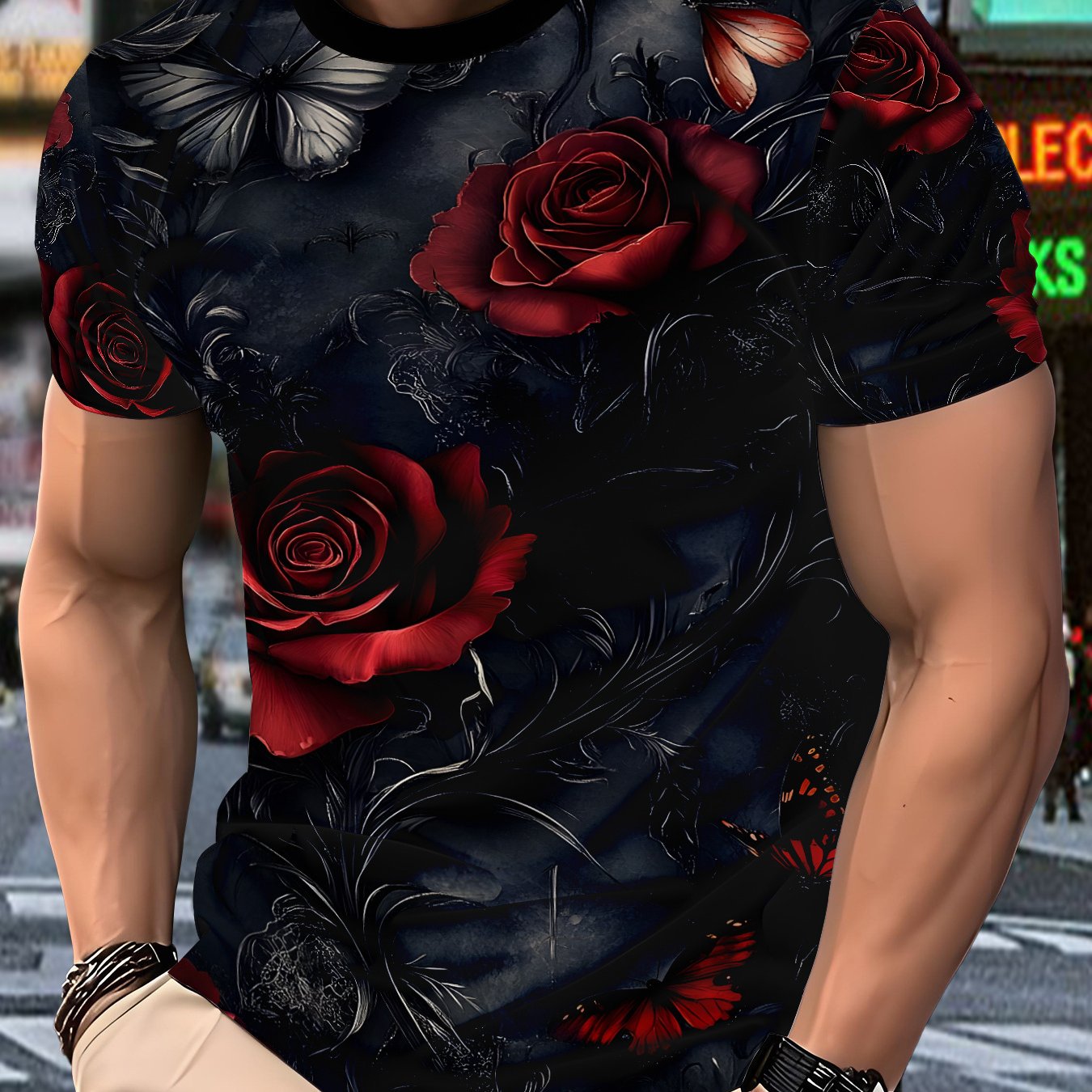 TEMU Men's With Print & Red Roses Streetwear Suitable For Daily , Breathable Round Neck Casual Shirt, Machine Washable Regular Fit For Commuting And