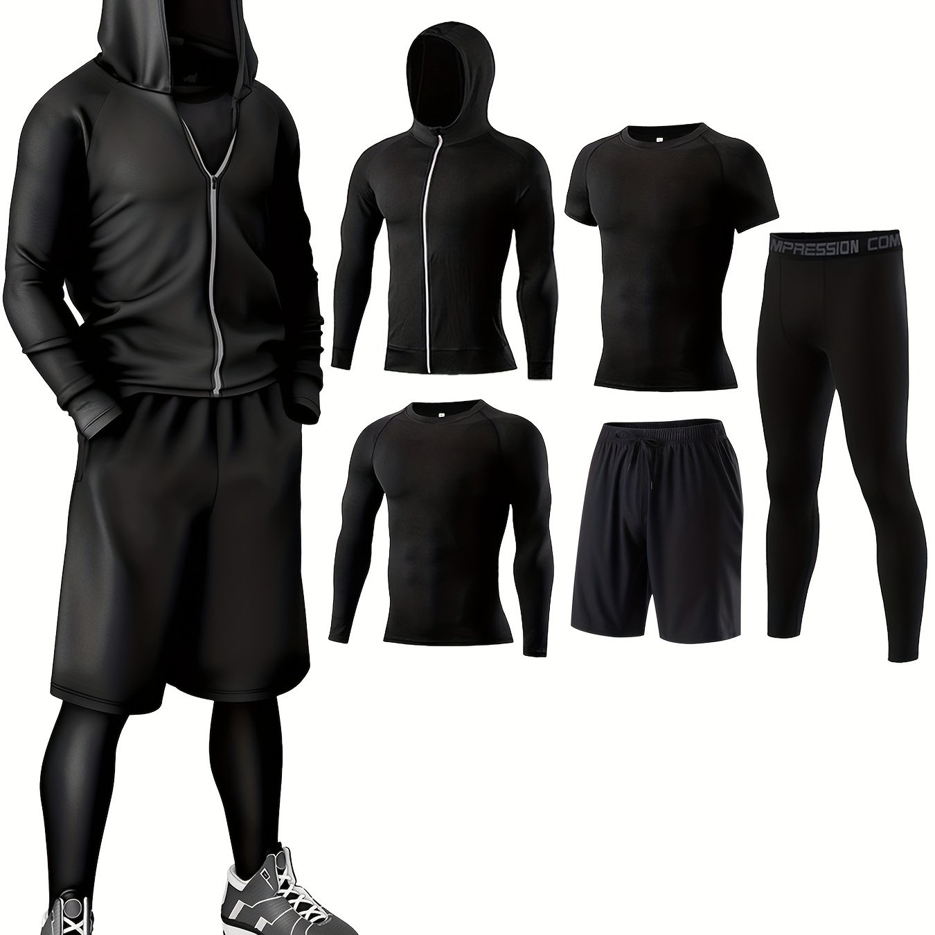 TEMU 5pcs Set - Quick-dry Breathable Knit Polyester 95% Elastane 5% With Crew Neck Hoodie, T-shirts, Shorts, And Pants For Running, Fitness, Cycling, Basketball Training