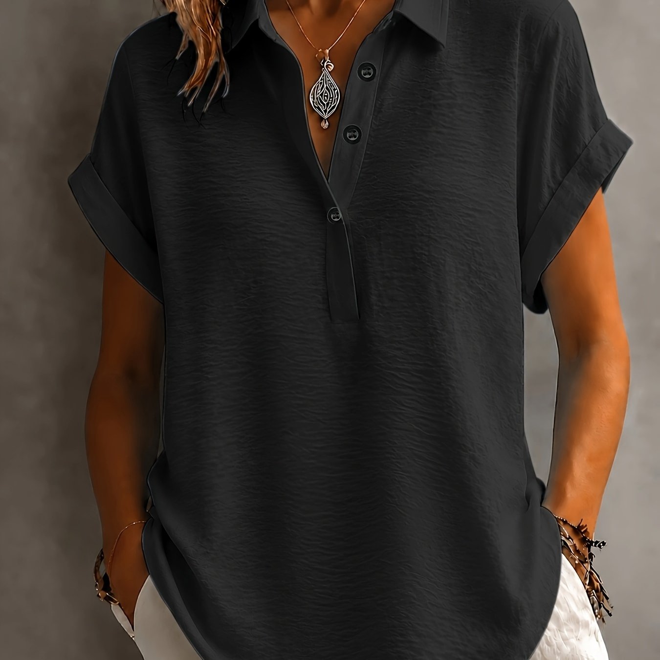 TEMU Plus Size - New Stunning Elegant Directional Semi-open Collar Short Sleeve Unisex All-match Women's Plus Size Shirt