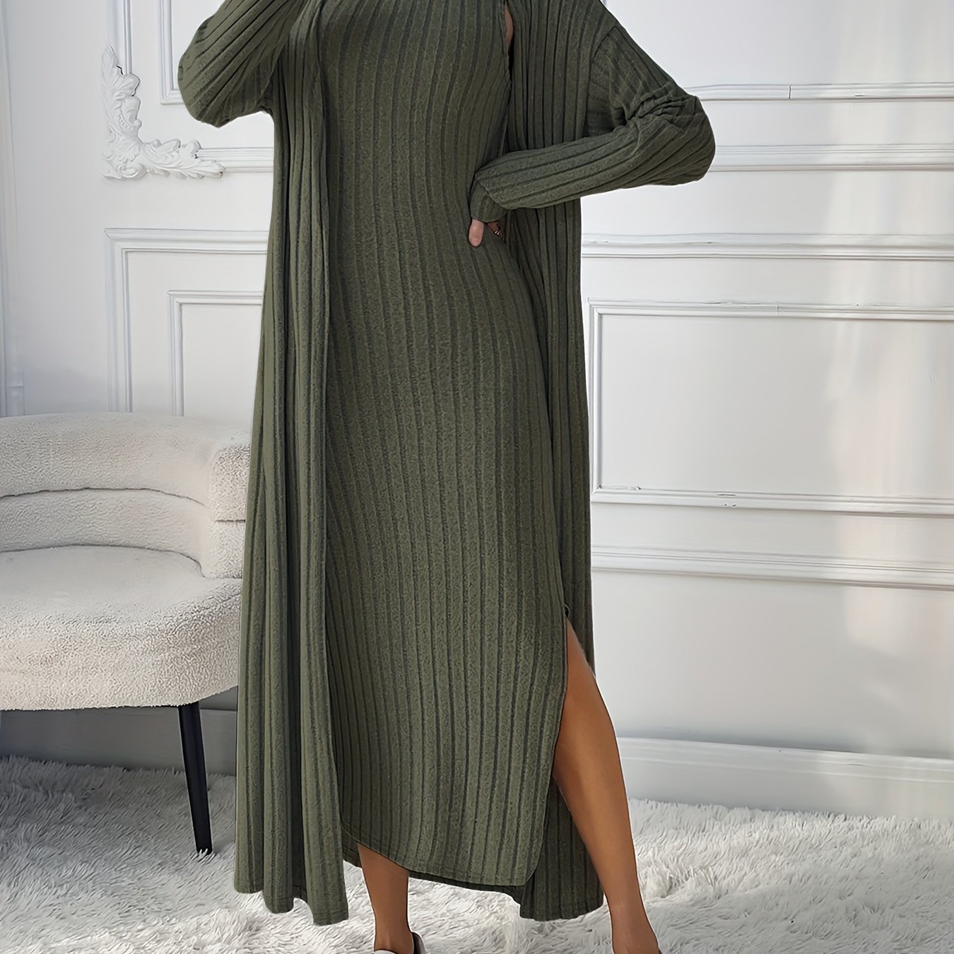 TEMU Chic   Long Sleeve Knitted Cardigan And Sleeveless Dress Set