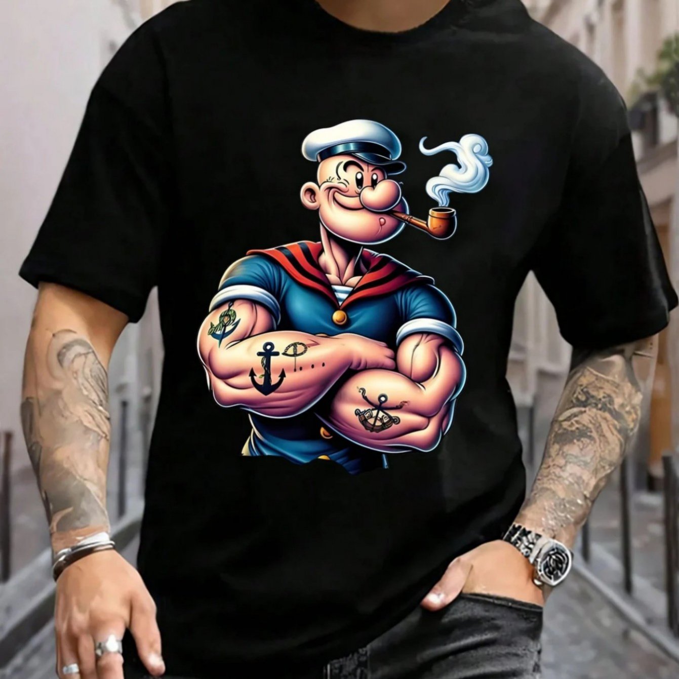TEMU Men's Casual T-shirt With Crew Neck And Sailor Pattern | Comfortable Loose Fit, Ideal For Daily And Formal Wear, Perfect For Birthdays Or
