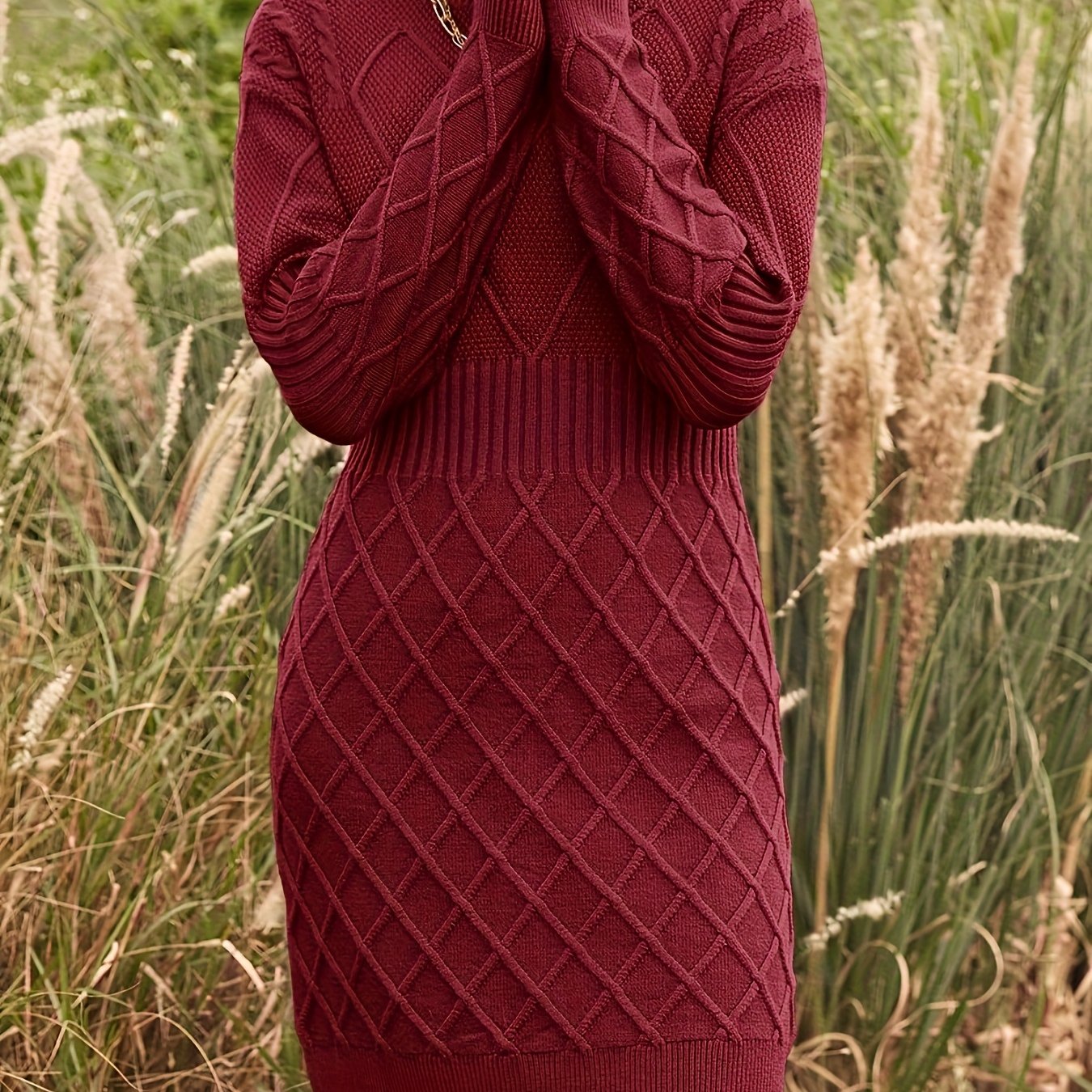 A Stylish Long-sleeve Crewneck Sweater Dress With A Rhinestone Pattern For Women, Designed To And Slim-fitting As A Pullover Dress